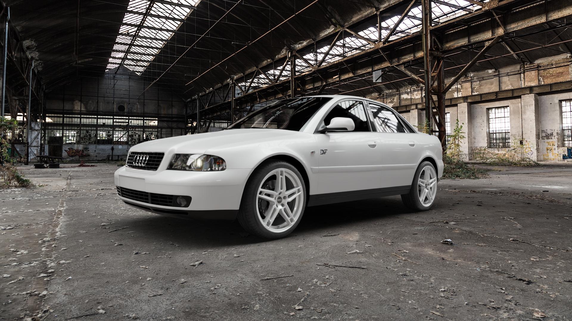 DBV 5DS 005 shadow silber Felge mit Reifen grau in 19Zoll Winterfelge Alufelge auf weissem Audi A4 Typ 8D2/B5 (Limousine) ⬇️ mit 15mm Tieferlegung ⬇️ Old Industrial Hall_max5000mm_2022 Frontansicht_1