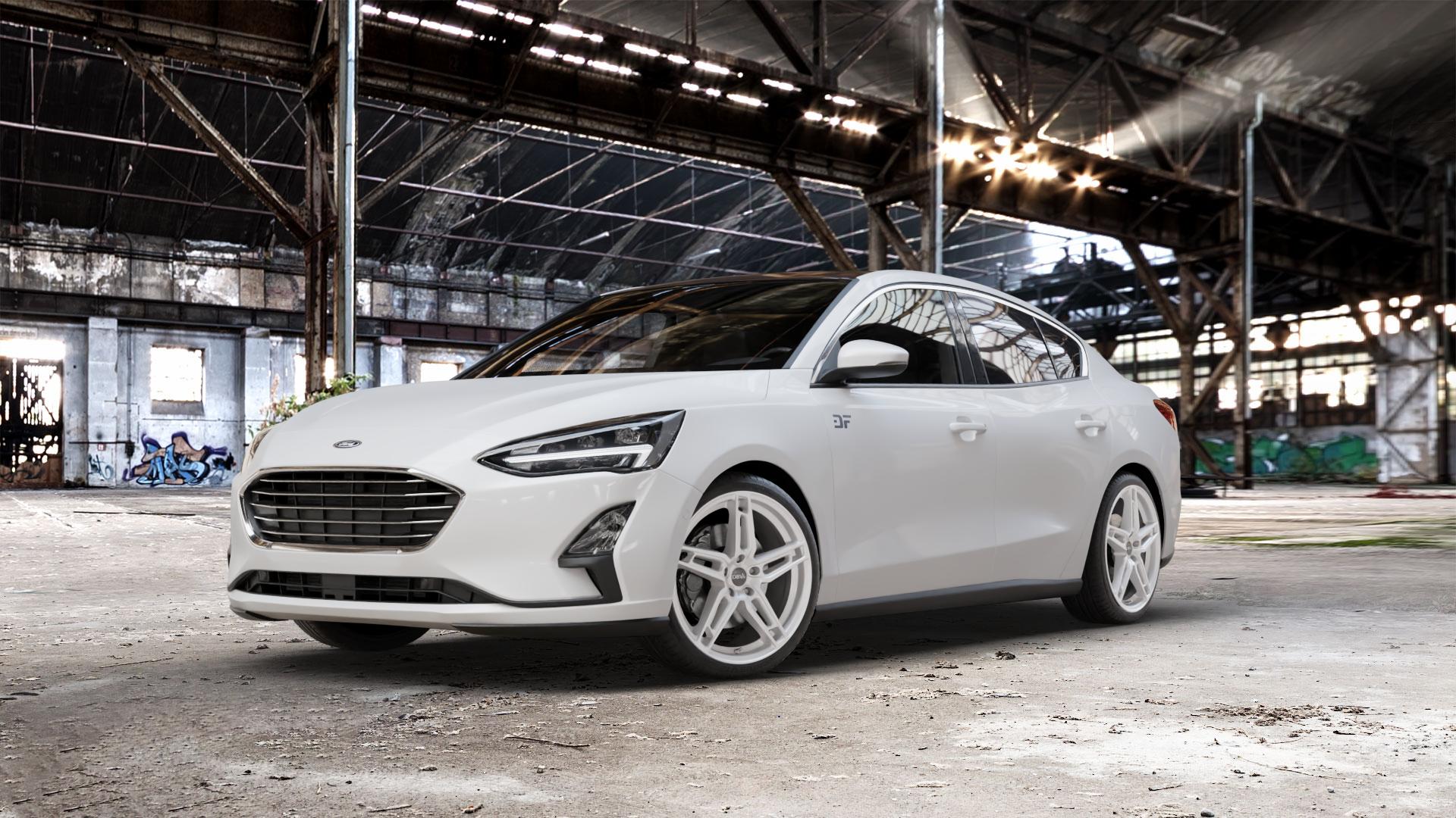 DBV 5DS 005 shadow silber Felge mit Reifen grau in 19Zoll Winterfelge Alufelge auf weissem Ford Focus IV Typ DEH (Stufenheck) ⬇️ mit 15mm Tieferlegung ⬇️ Old Industrial Hall_max_5300mm_2024 Frontansicht_1