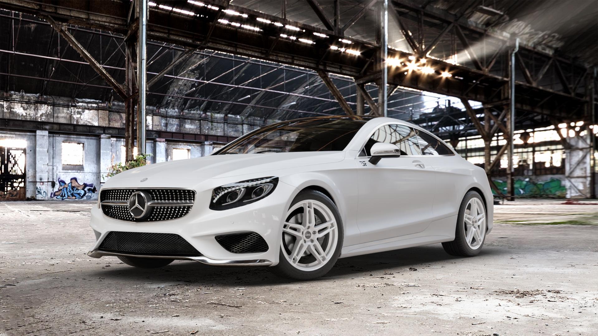DBV 5DS 005 shadow silber Felge mit Reifen grau in 19Zoll Winterfelge Alufelge auf weissem Mercedes S-Klasse Typ C217 Facelift Coupe ⬇️ mit 15mm Tieferlegung ⬇️ Old Industrial Hall_max_5300mm_2024 Frontansicht_1