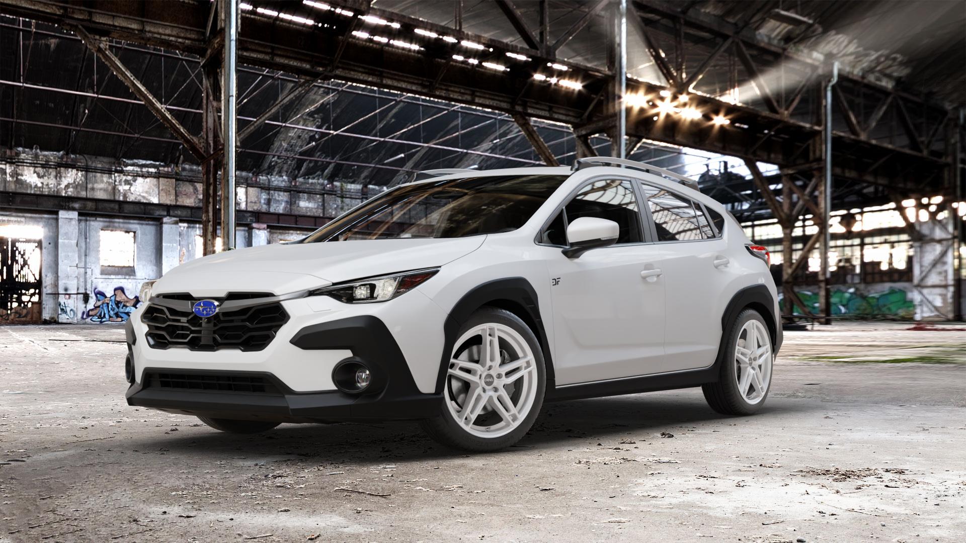 DBV 5DS 005 shadow silber Felge mit Reifen grau in 19Zoll Winterfelge Alufelge auf weissem Subaru Crosstrek Typ G6-SS 2,0l 100kW Mild-Hybrid AWD (136 PS) ⬇️ mit 15mm Tieferlegung ⬇️ Old Industrial Hall_max_5300mm_2024 Frontansicht_1