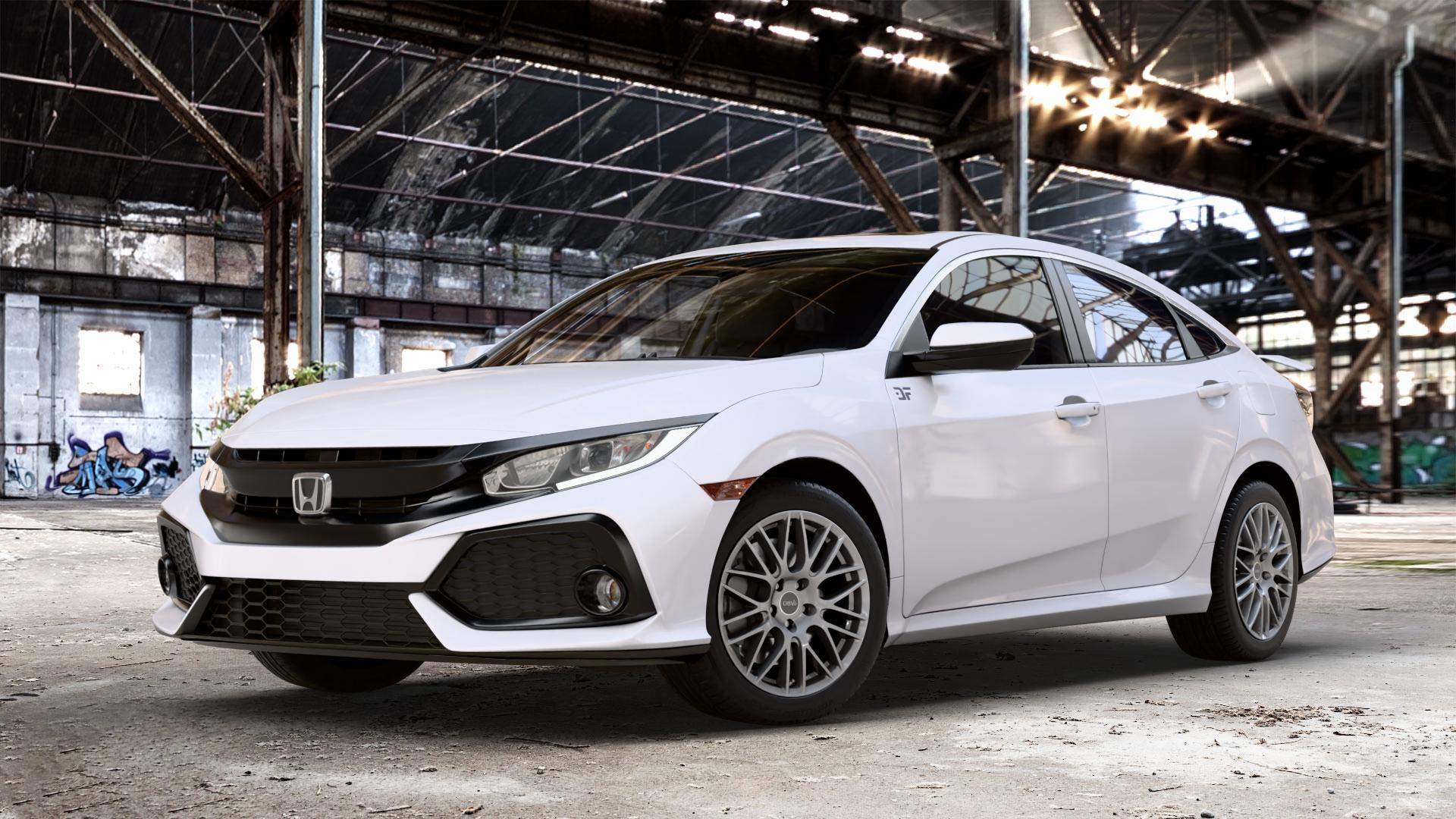 DBV 5KS 003 hyper silber Felge mit Reifen in 17Zoll Winterfelge Alufelge auf weissem Honda Civic 10 Stufenheck (FC) ⬇️ mit 15mm Tieferlegung ⬇️ Old Industrial Hall_max_4400mm_2024 Frontansicht_1