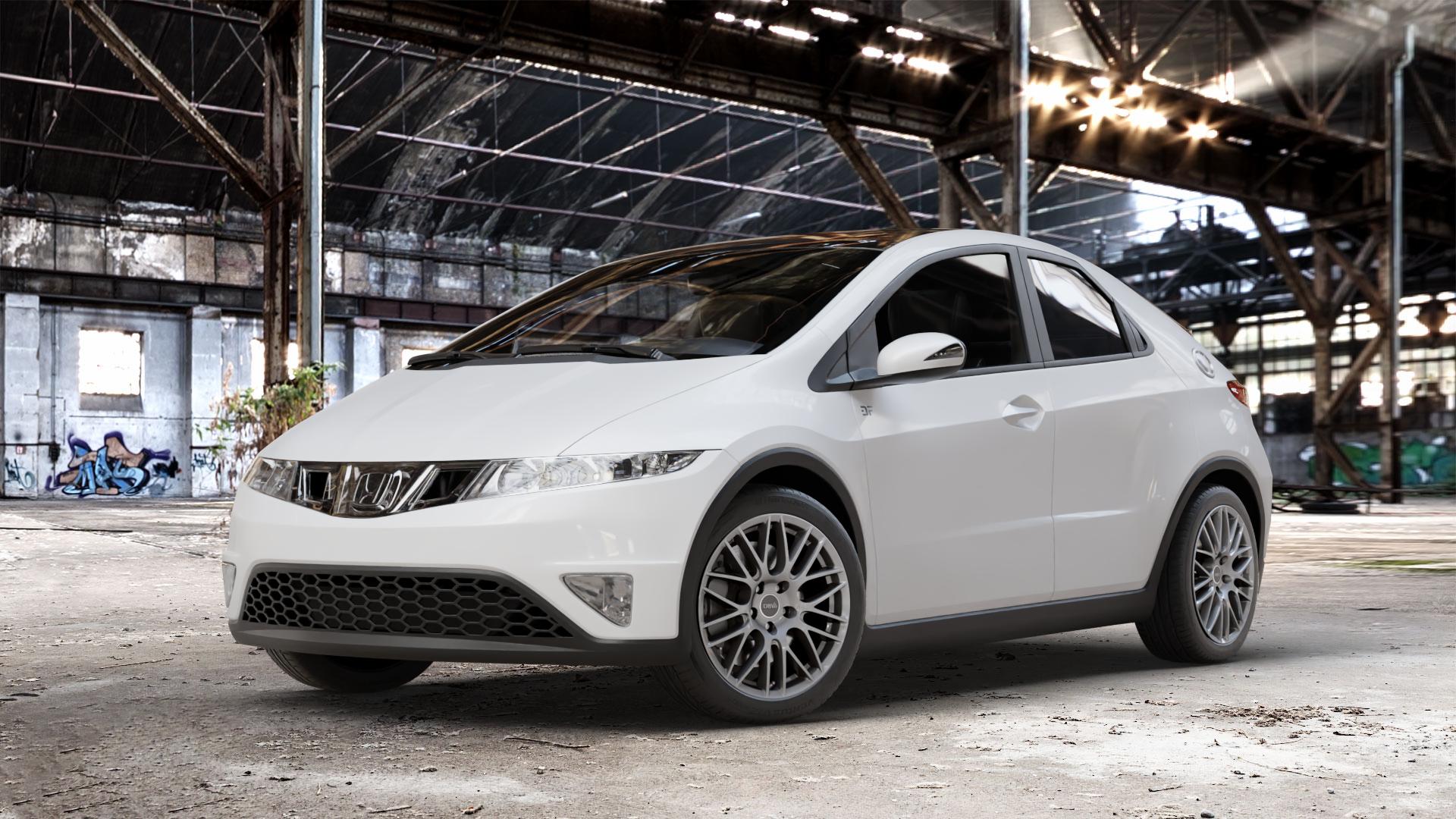 DBV 5KS 003 hyper silber Felge mit Reifen in 17Zoll Winterfelge Alufelge auf weissem Honda Civic 8 Fünftürer (FK) 1,4l V-Tec (FK1) 73kW (99 PS) ⬇️ mit 15mm Tieferlegung ⬇️ Old Industrial Hall_max_4400mm_2024 Frontansicht_1