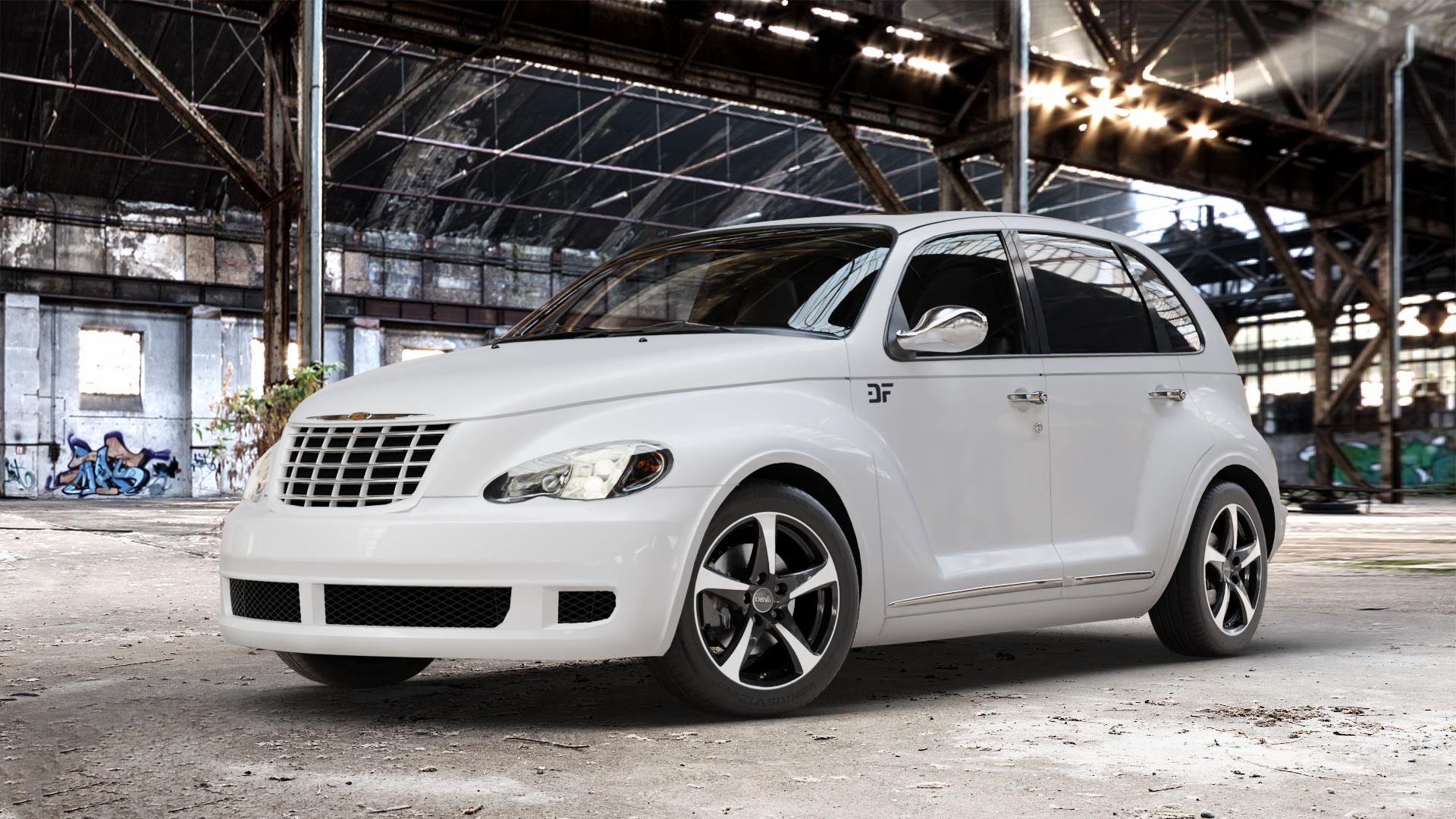 DBV 5SP 001 schwarz glänzend, front poliert Felge mit Reifen mehrfarbig in 16Zoll Alufelge auf weissem Chrysler PT Cruiser Cabriolet ⬇️ mit 15mm Tieferlegung ⬇️ Old Industrial Hall_max_4400mm_2024 Frontansicht_1