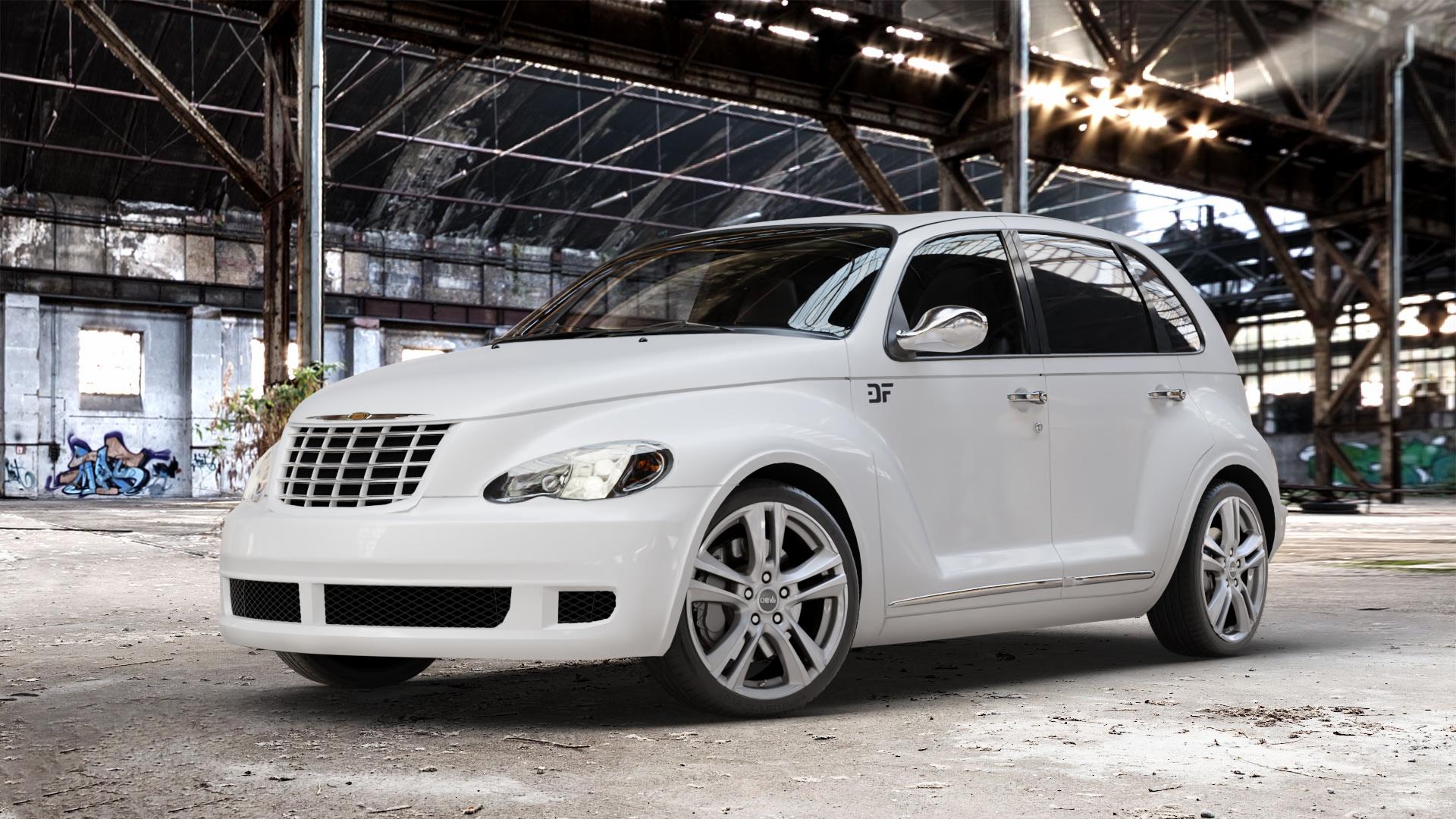 DBV Andorra II hyper silber Felge mit Reifen in 18Zoll Winterfelge Alufelge auf weissem Chrysler PT Cruiser Cabriolet ⬇️ mit 15mm Tieferlegung ⬇️ Old Industrial Hall_max_4400mm_2024 Frontansicht_1