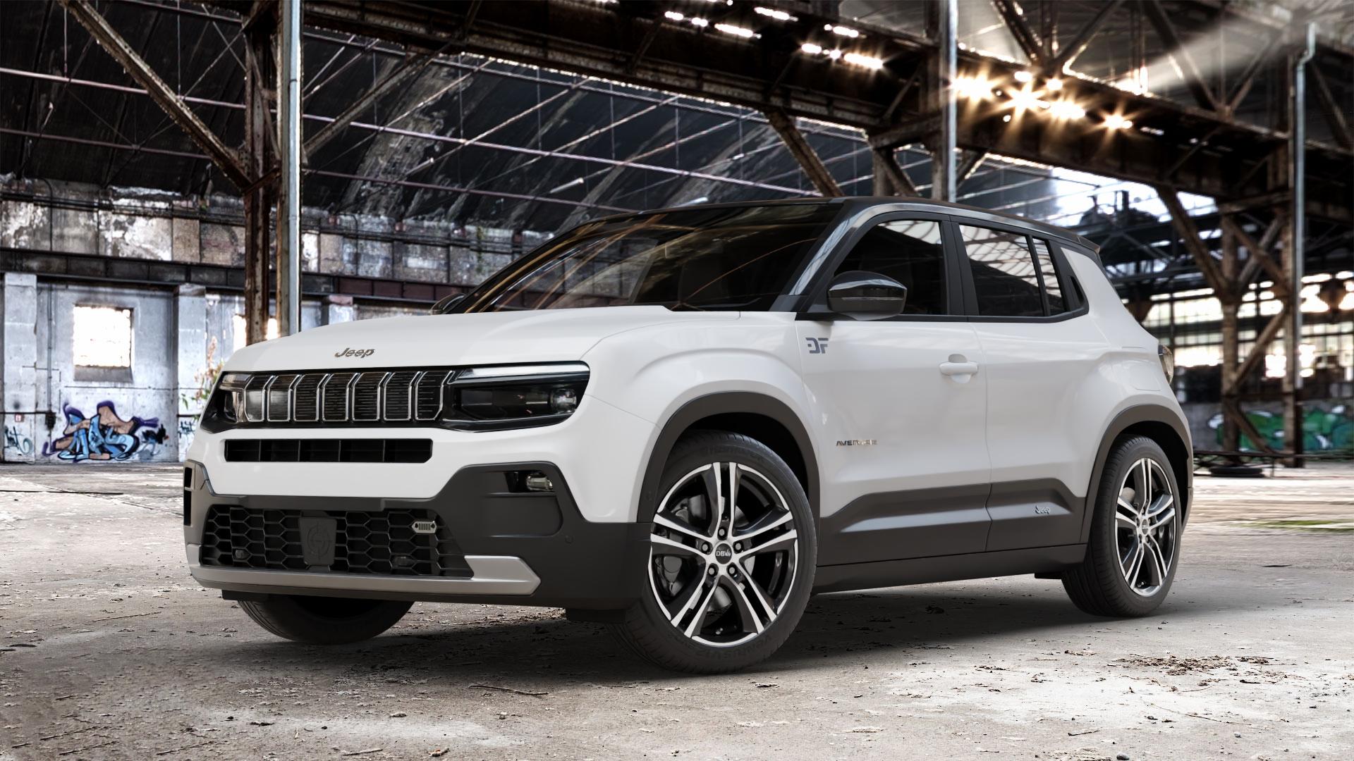 DBV Andorra II schwarz glänzend, front poliert Felge mit Reifen silber in 18Zoll Alufelge auf weissem Jeep Avenger Typ FH1 ⬇️ mit 15mm Tieferlegung ⬇️ Old Industrial Hall_max_4400mm_2024 Frontansicht_1