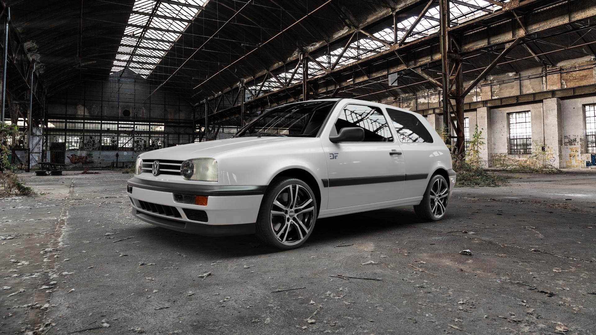 DBV Andorra schwarz glänzend, front poliert Felge mit Reifen silber mehrfarbig in 17Zoll Alufelge auf weissem Volkswagen (VW) Golf 3 Variant Cabrio ⬇️ mit 15mm Tieferlegung ⬇️ Old Industrial Hall_max5000mm_2022 Frontansicht_1