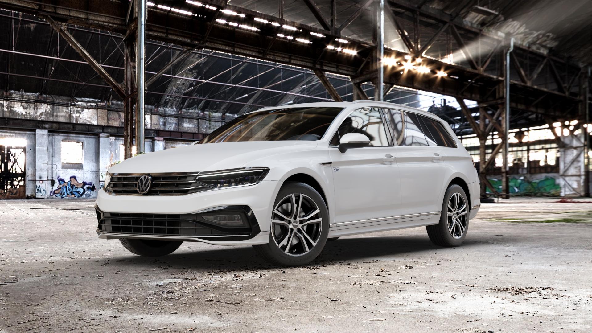 DBV Andorra schwarz glänzend, front poliert Felge mit Reifen silber mehrfarbig in 17Zoll Alufelge auf weissem Volkswagen (VW) Passat 3C/B8 Variant Facelift ⬇️ mit 15mm Tieferlegung ⬇️ Old Industrial Hall_max_5300mm_2024 Frontansicht_1