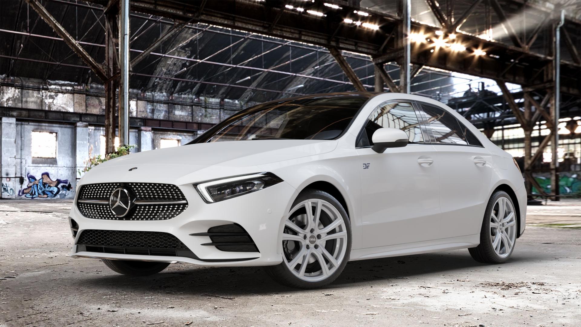 DBV Andorra shadow silber Felge mit Reifen grau in 19Zoll Winterfelge Alufelge auf weissem Mercedes A-Klasse IV Typ 177 (F2A) Limousine Facelift ⬇️ mit 15mm Tieferlegung ⬇️ Old Industrial Hall_max_4400mm_2024 Frontansicht_1