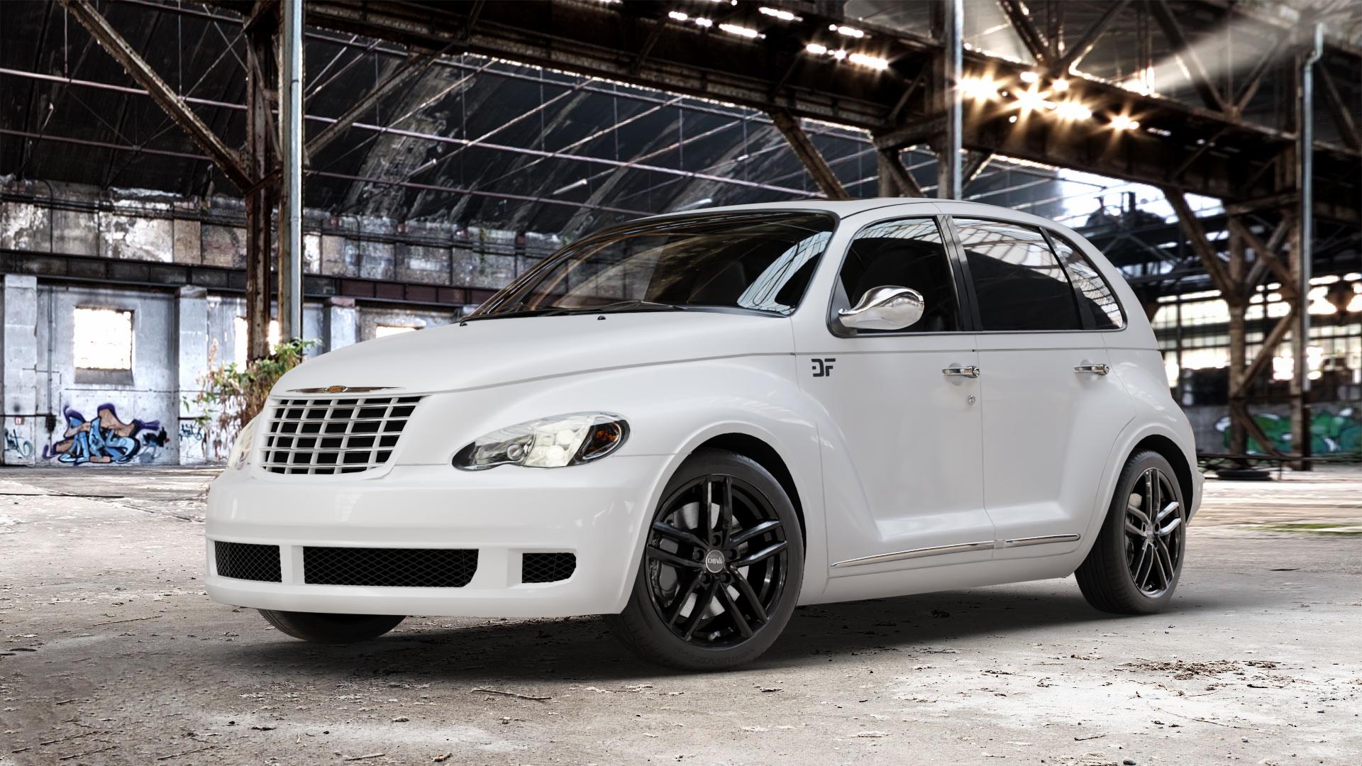 DBV Andorra TR black Felge mit Reifen schwarz in 17Zoll Winterfelge Alufelge auf weissem Chrysler PT Cruiser Cabriolet ⬇️ mit 15mm Tieferlegung ⬇️ Old Industrial Hall_max_4400mm_2024 Frontansicht_1