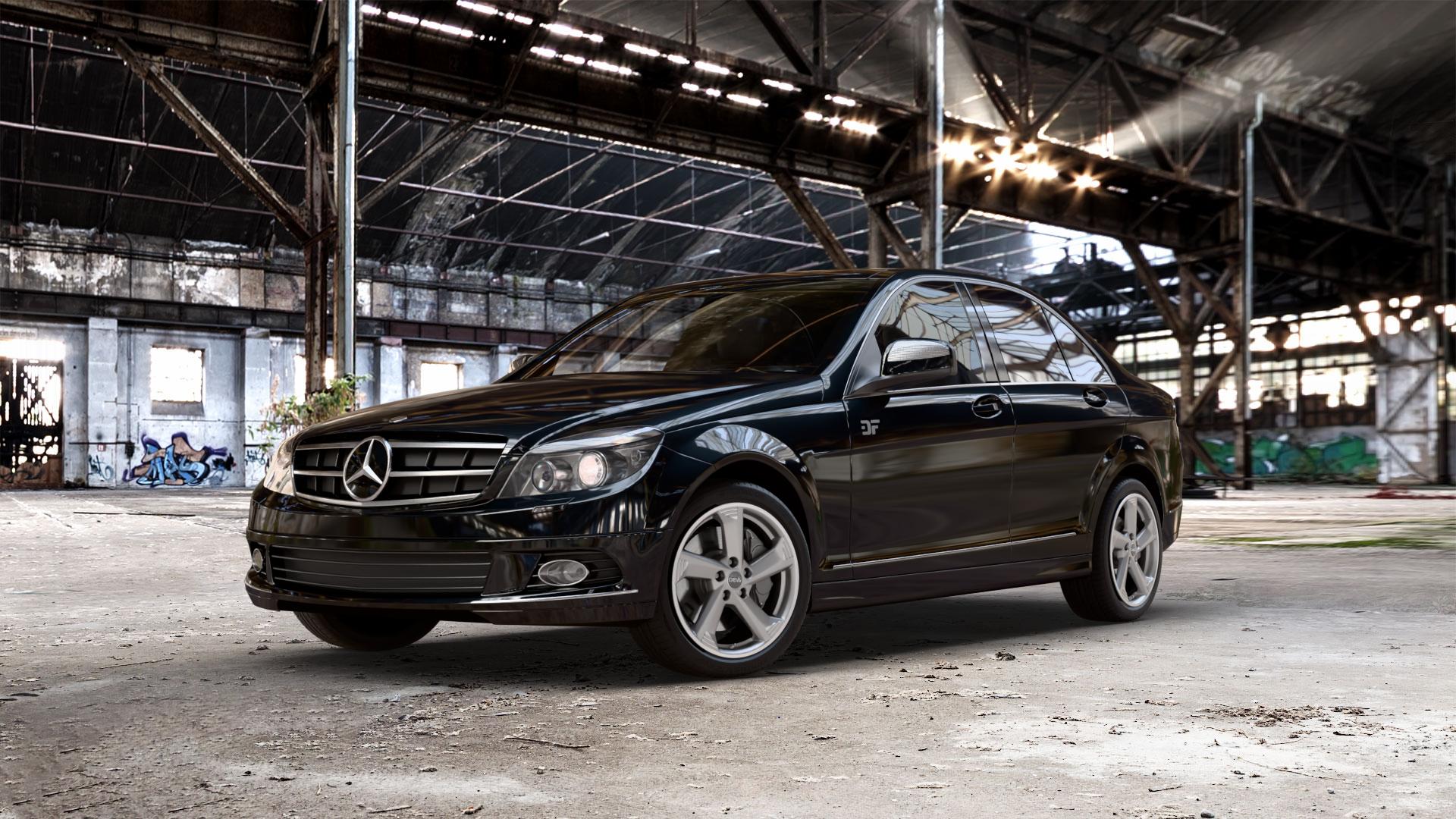 DBV Torino III hyper silber, front poliert Felge mit Reifen in 18Zoll Alufelge auf schwarzem metallic Mercedes C-Klasse Typ W204 Limousine ⬇️ mit 15mm Tieferlegung ⬇️ Old Industrial Hall_max_5300mm_2024 Frontansicht_1