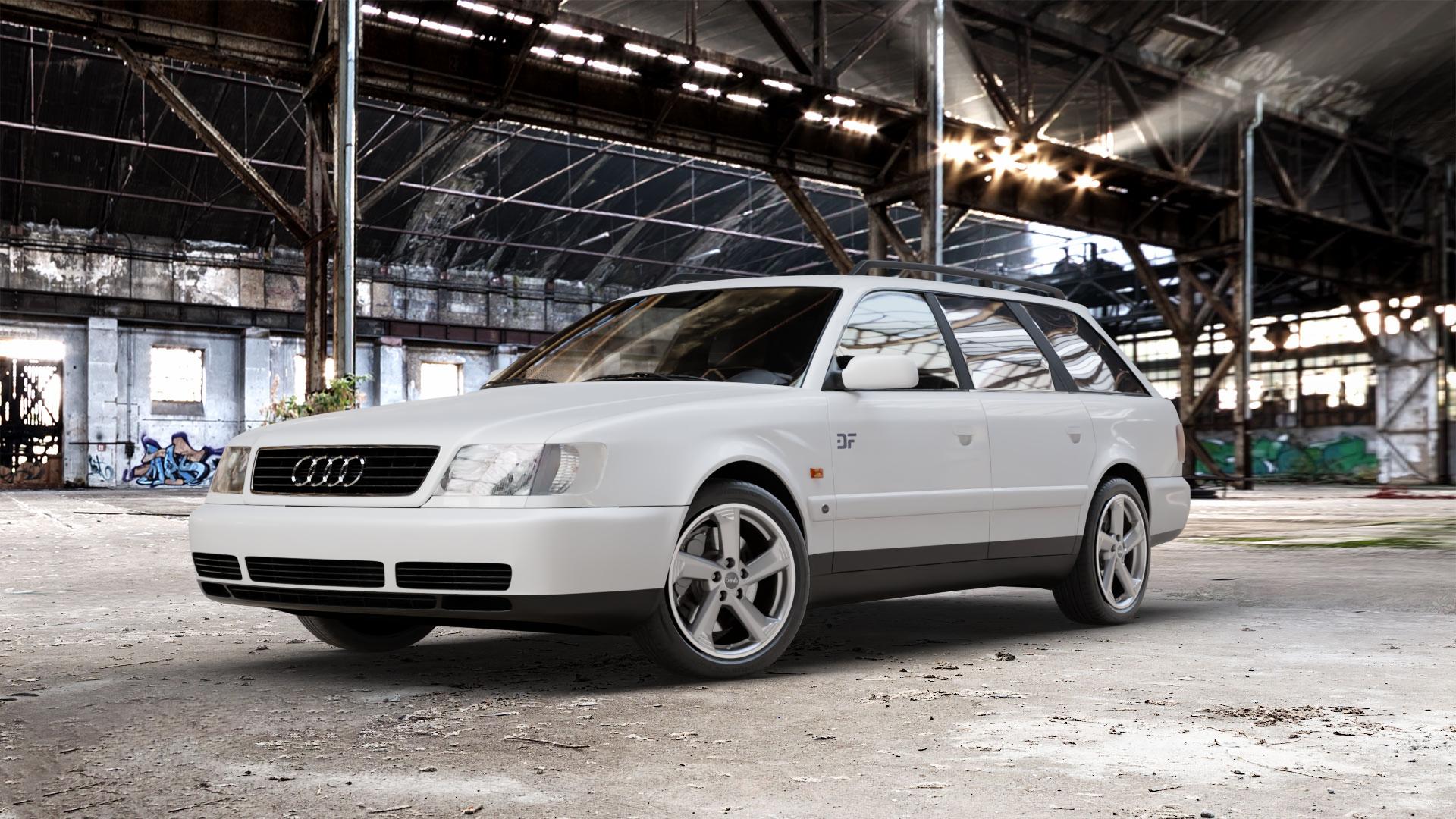 DBV Torino III hyper silber, front poliert Felge mit Reifen in 18Zoll Alufelge auf weissem Audi 100 Typ C4 (Avant) A6 4A/C4 ⬇️ mit 15mm Tieferlegung ⬇️ Old Industrial Hall_max_5300mm_2024 Frontansicht_1