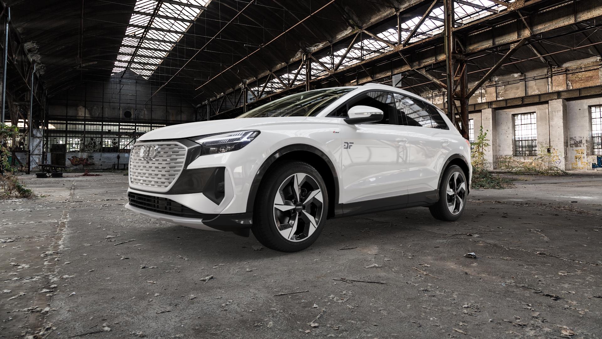 DEZENT AO BLACK/POLISHED Felge mit Reifen silber schwarz mehrfarbig in 19Zoll Winterfelge Alufelge auf weissem Audi Q4 Typ FZ ⬇️ mit 15mm Tieferlegung ⬇️ Old Industrial Hall_max5000mm_2022 Frontansicht_1