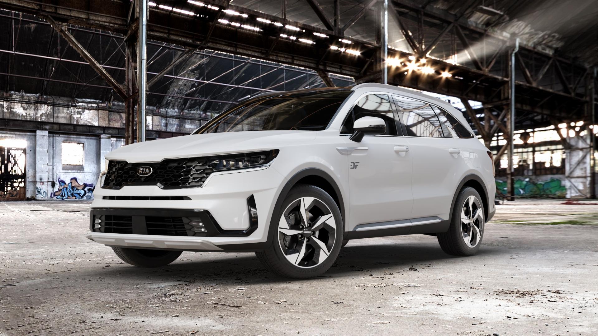 DEZENT AO BLACK/POLISHED Felge mit Reifen silber schwarz mehrfarbig in 19Zoll Winterfelge Alufelge auf weissem Kia Sorento IV Typ MQ4 ⬇️ mit 15mm Tieferlegung ⬇️ Old Industrial Hall_max_5300mm_2024 Frontansicht_1