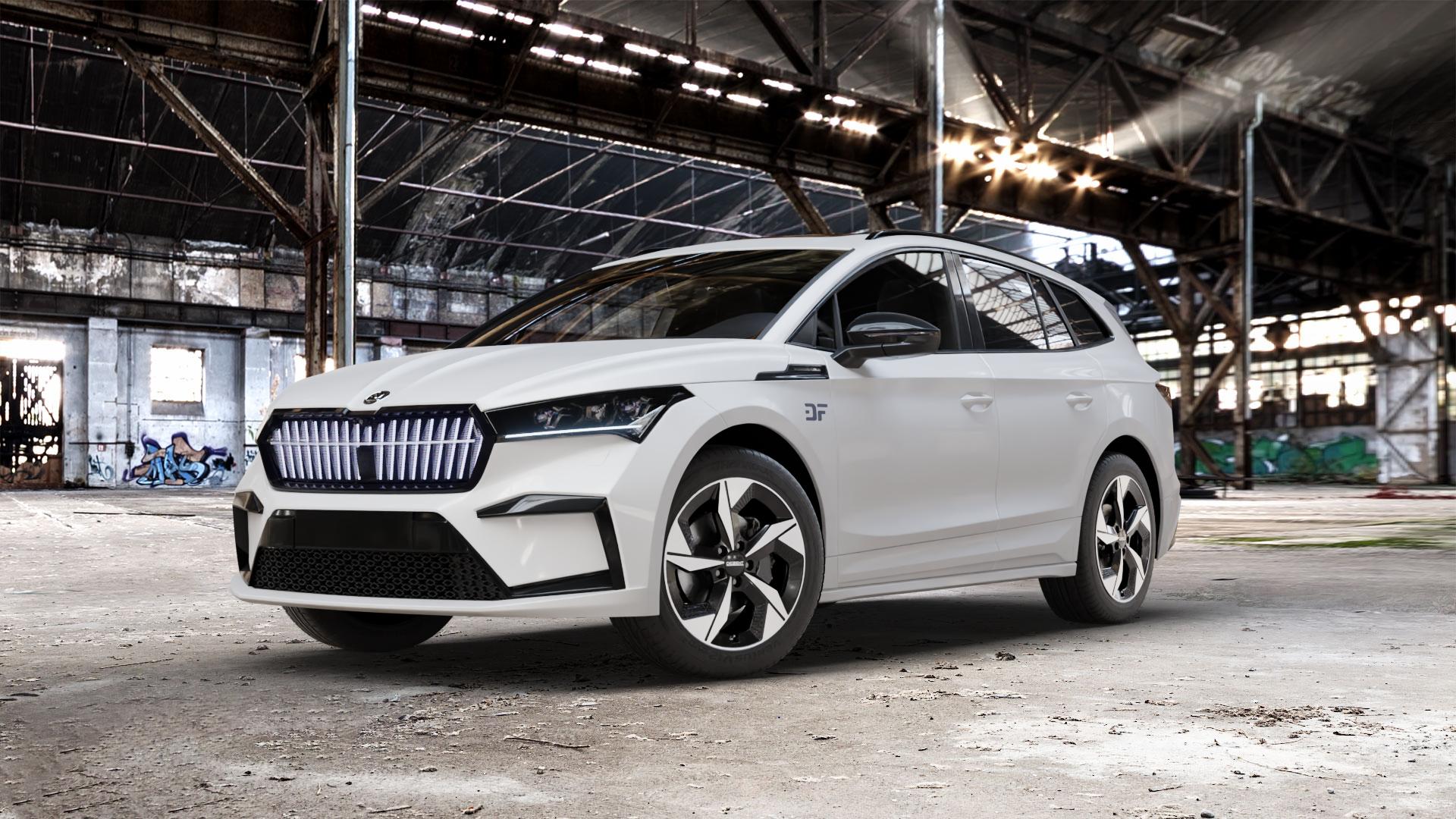 DEZENT AO BLACK/POLISHED Felge mit Reifen silber schwarz mehrfarbig in 19Zoll Winterfelge Alufelge auf weissem Skoda Enyaq iV Typ NY 0,0l 70kW 80 (95 PS) 50 77kW 80x (105 60 ⬇️ mit 15mm Tieferlegung ⬇️ Old Industrial Hall_max_5300mm_2024 Frontansicht_1