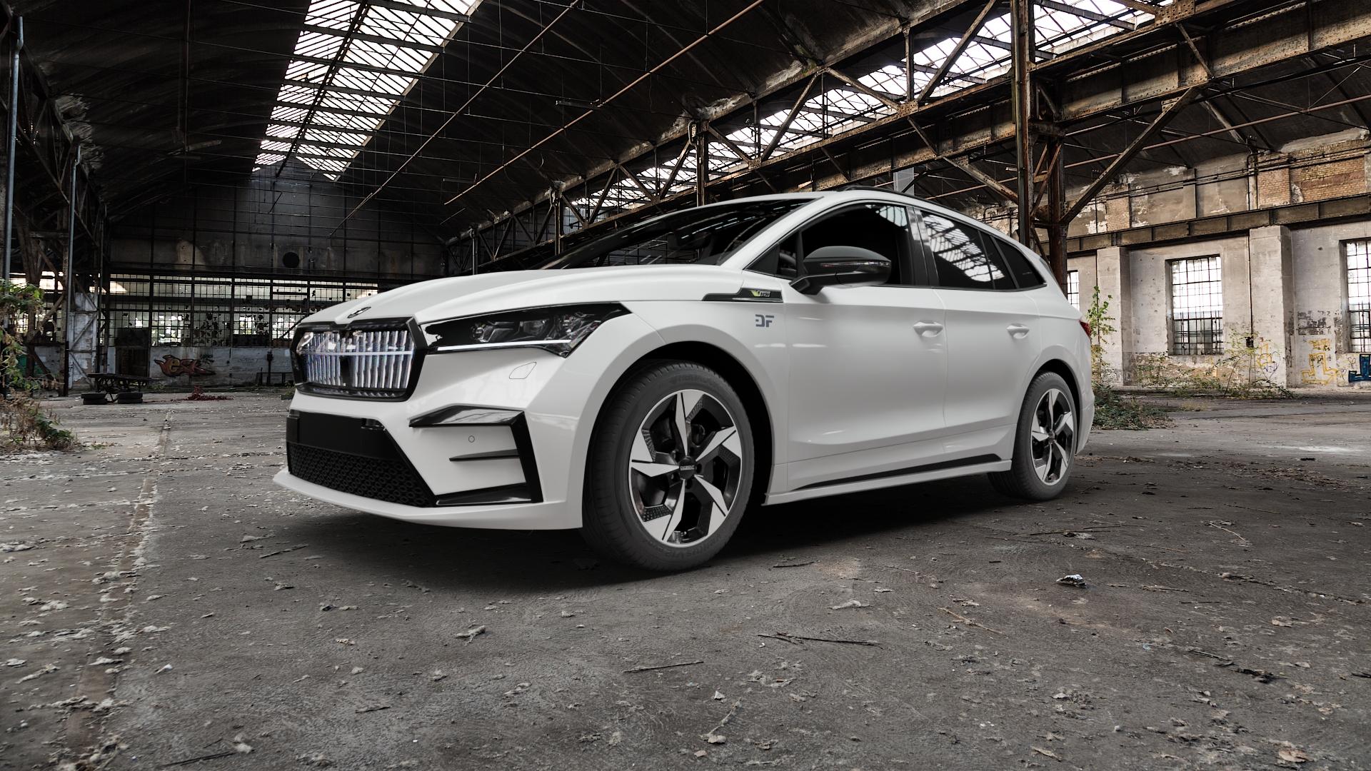 DEZENT AO BLACK/POLISHED Felge mit Reifen silber schwarz mehrfarbig in 19Zoll Winterfelge Alufelge auf weissem Skoda Enyaq iV Typ NY 0,0l 77kW RS (105 PS) 89kW 85 (121 85X ⬇️ mit 15mm Tieferlegung ⬇️ Old Industrial Hall_max5000mm_2022 Frontansicht_1