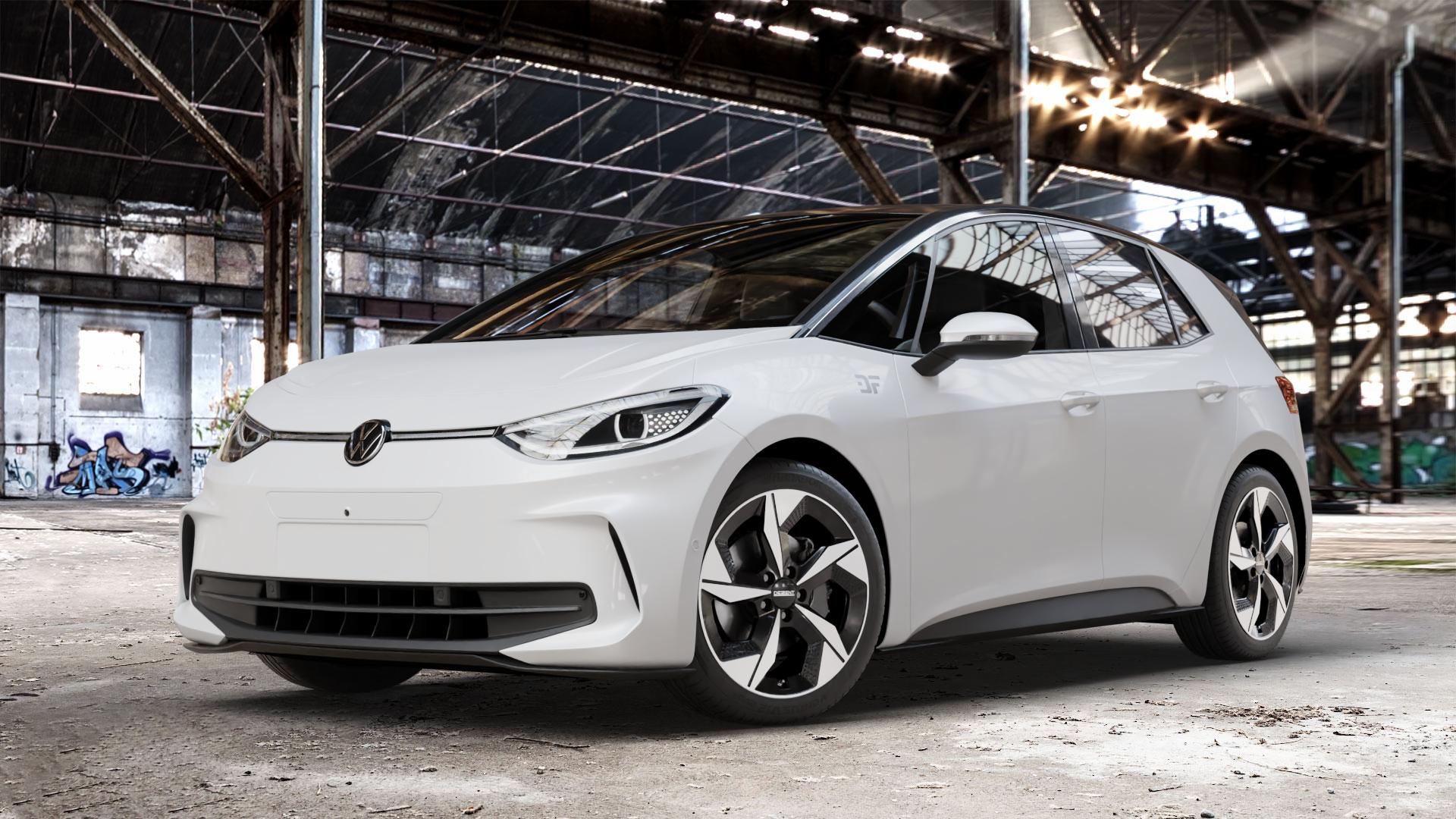 DEZENT AO BLACK/POLISHED Felge mit Reifen silber schwarz mehrfarbig in 19Zoll Winterfelge Alufelge auf weissem Volkswagen (VW) ID.3 Facelift ⬇️ mit 15mm Tieferlegung ⬇️ Old Industrial Hall_max_4400mm_2024 Frontansicht_1