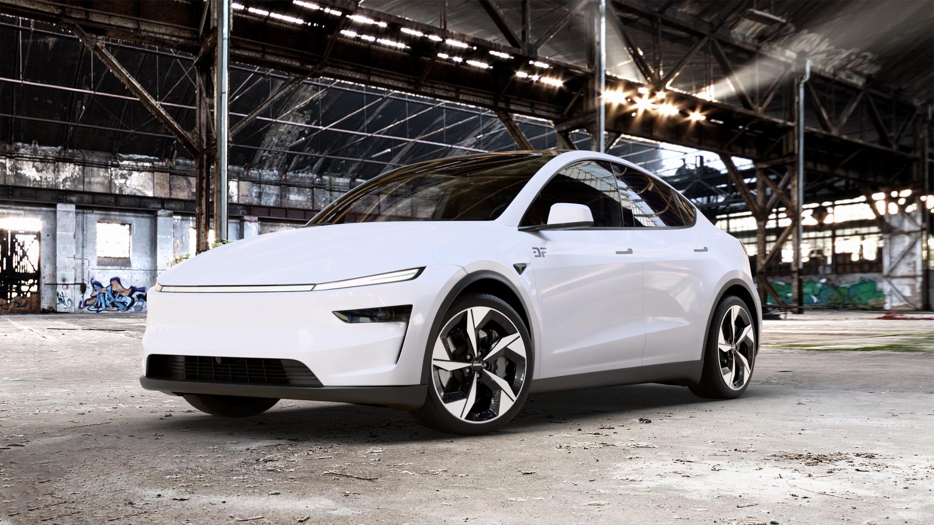 DEZENT AO BLACK/POLISHED Felge mit Reifen silber schwarz mehrfarbig in 20Zoll Winterfelge Alufelge auf weissem Tesla Model Y Typ 003 Facelift 003/005 ⬇️ mit 15mm Tieferlegung ⬇️ Old Industrial Hall_max_5300mm_2024 Frontansicht_1