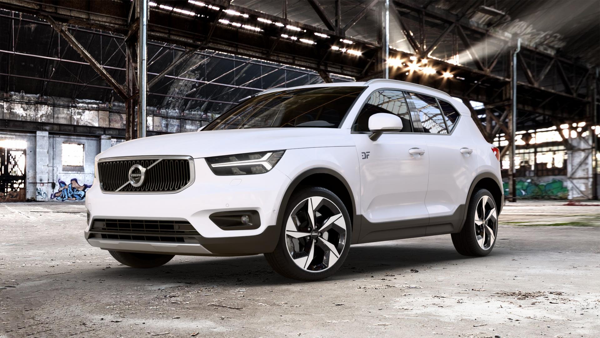 DEZENT AO BLACK/POLISHED Felge mit Reifen silber schwarz mehrfarbig in 20Zoll Winterfelge Alufelge auf weissem Volvo XC40 Typ X ⬇️ mit 15mm Tieferlegung ⬇️ Old Industrial Hall_max_5300mm_2024 Frontansicht_1
