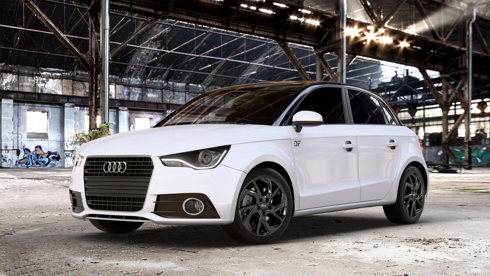 DEZENT AP BLACK Felge mit Reifen schwarz in 16Zoll Winterfelge Alufelge auf weissem Audi A1 Typ 8X (Sportback) Facelift ⬇️ mit 15mm Tieferlegung ⬇️ Old Industrial Hall_max_4400mm_2024 Frontansicht_1
