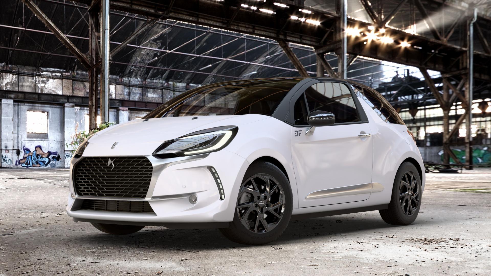 DEZENT AP BLACK Felge mit Reifen schwarz in 16Zoll Winterfelge Alufelge auf weissem Citroen DS3 Facelift DS Automobiles Typ S ⬇️ mit 15mm Tieferlegung ⬇️ Old Industrial Hall_max_4400mm_2024 Frontansicht_1