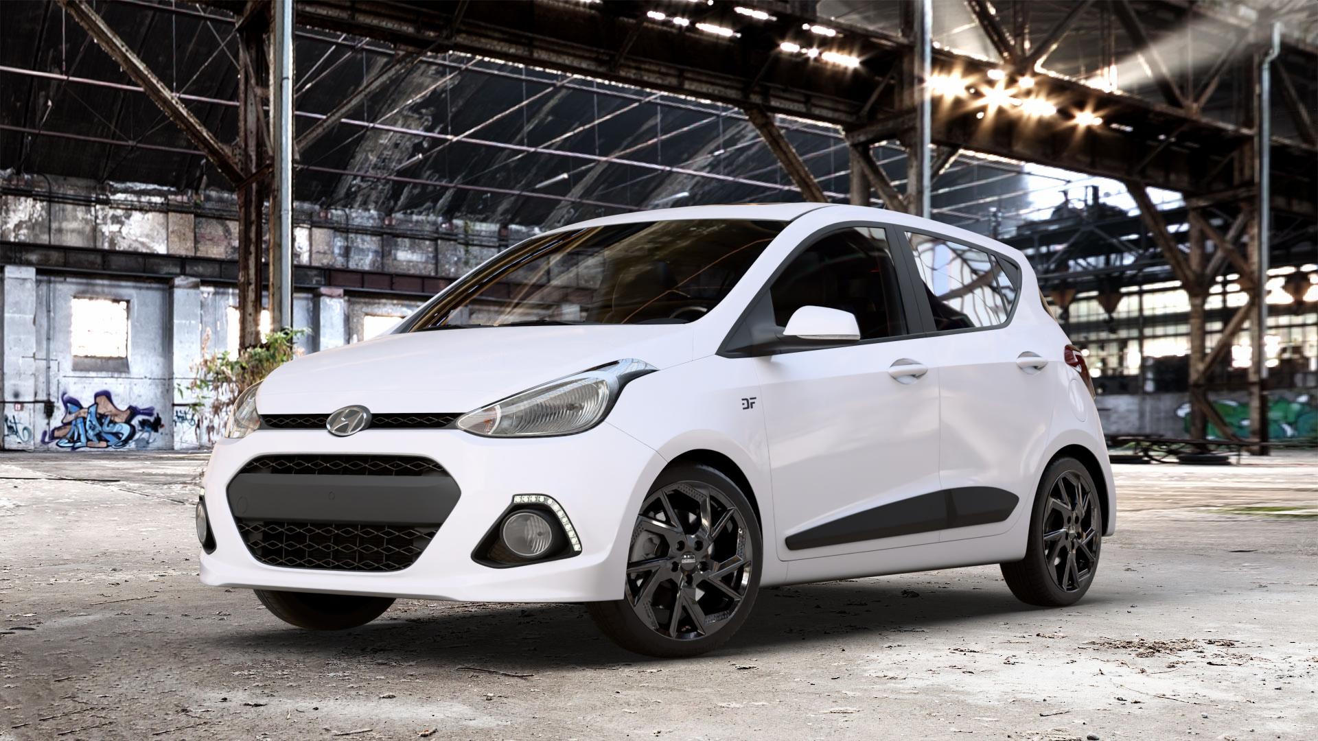 DEZENT AP BLACK Felge mit Reifen schwarz in 16Zoll Winterfelge Alufelge auf weissem Hyundai i10 Typ IA ⬇️ mit 15mm Tieferlegung ⬇️ Old Industrial Hall_max_4400mm_2024 Frontansicht_1