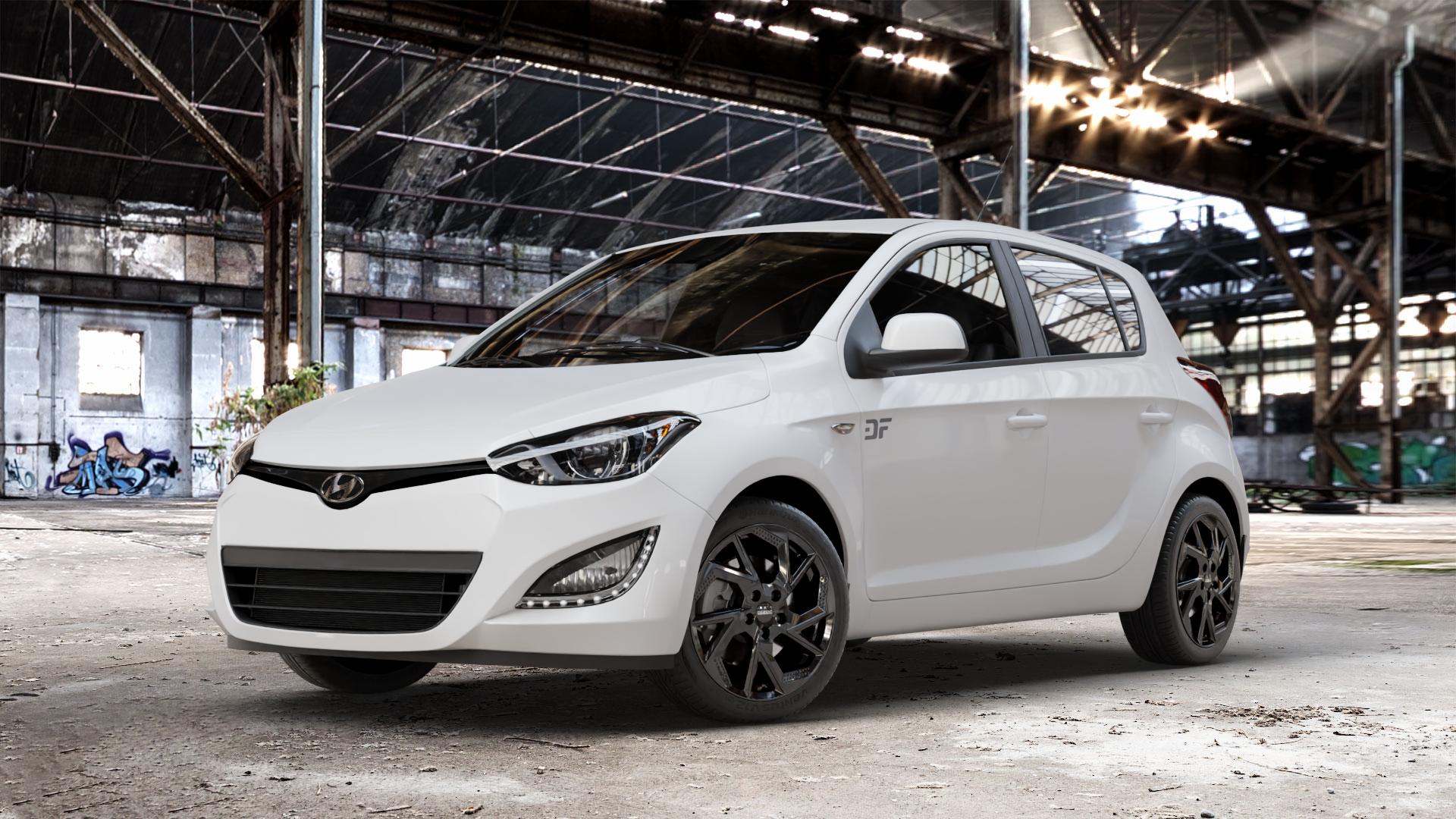 DEZENT AP BLACK Felge mit Reifen schwarz in 16Zoll Winterfelge Alufelge auf weissem Hyundai i20 Typ PB, PBT Facelift (12->) ⬇️ mit 15mm Tieferlegung ⬇️ Old Industrial Hall_max_4400mm_2024 Frontansicht_1