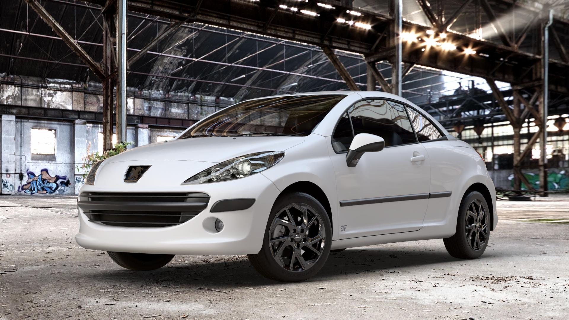 DEZENT AP BLACK Felge mit Reifen schwarz in 16Zoll Winterfelge Alufelge auf weissem Peugeot 207 CC ⬇️ mit 15mm Tieferlegung ⬇️ Old Industrial Hall_max_4400mm_2024 Frontansicht_1
