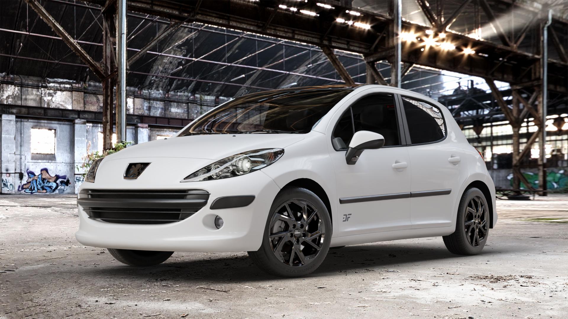 DEZENT AP BLACK Felge mit Reifen schwarz in 16Zoll Winterfelge Alufelge auf weissem Peugeot 207 SW Facelift ⬇️ mit 15mm Tieferlegung ⬇️ Old Industrial Hall_max_4400mm_2024 Frontansicht_1