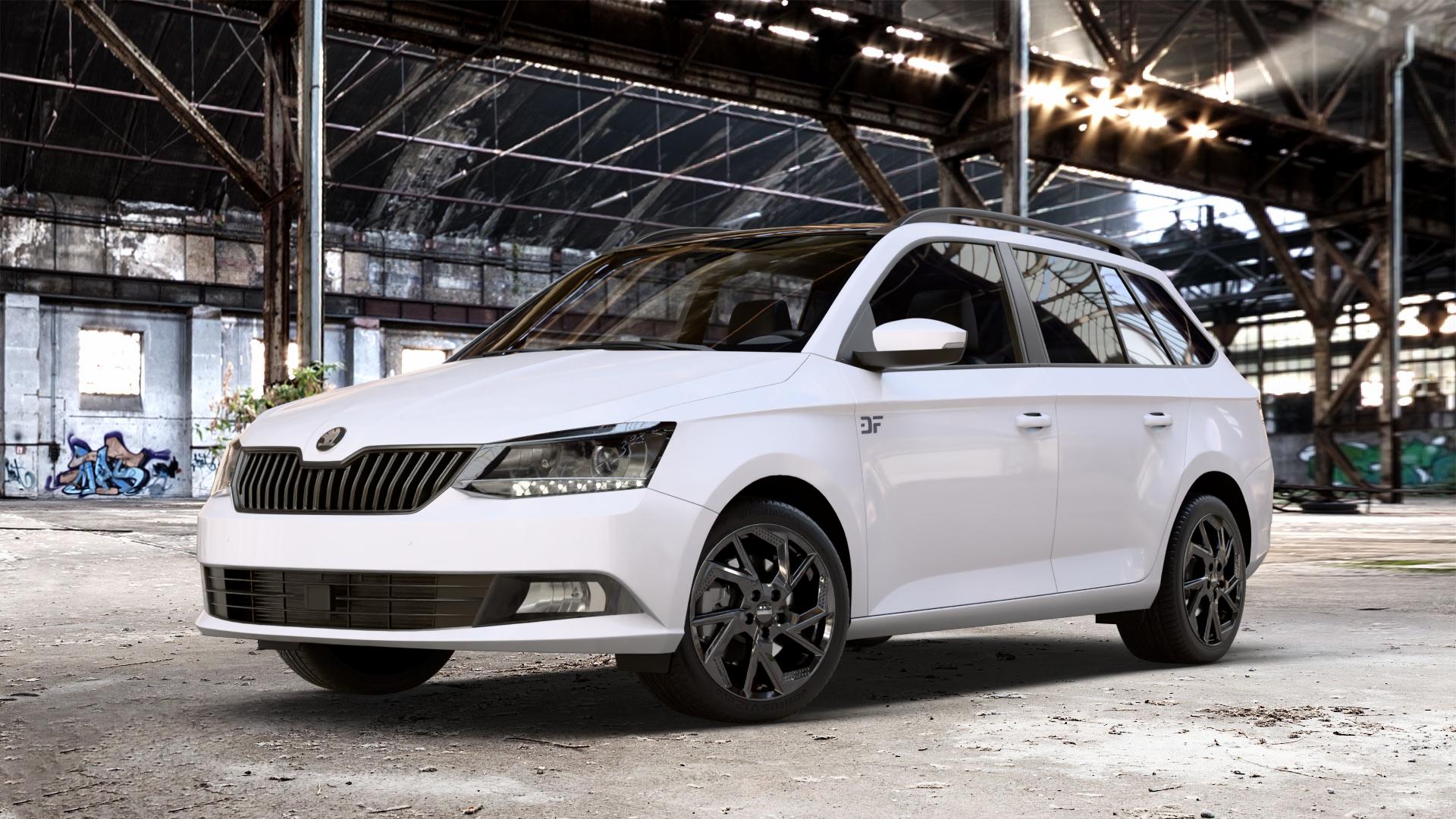 DEZENT AP BLACK Felge mit Reifen schwarz in 16Zoll Winterfelge Alufelge auf weissem Skoda Fabia III Kombi Typ 5J Facelift ⬇️ mit 15mm Tieferlegung ⬇️ Old Industrial Hall_max_4400mm_2024 Frontansicht_1