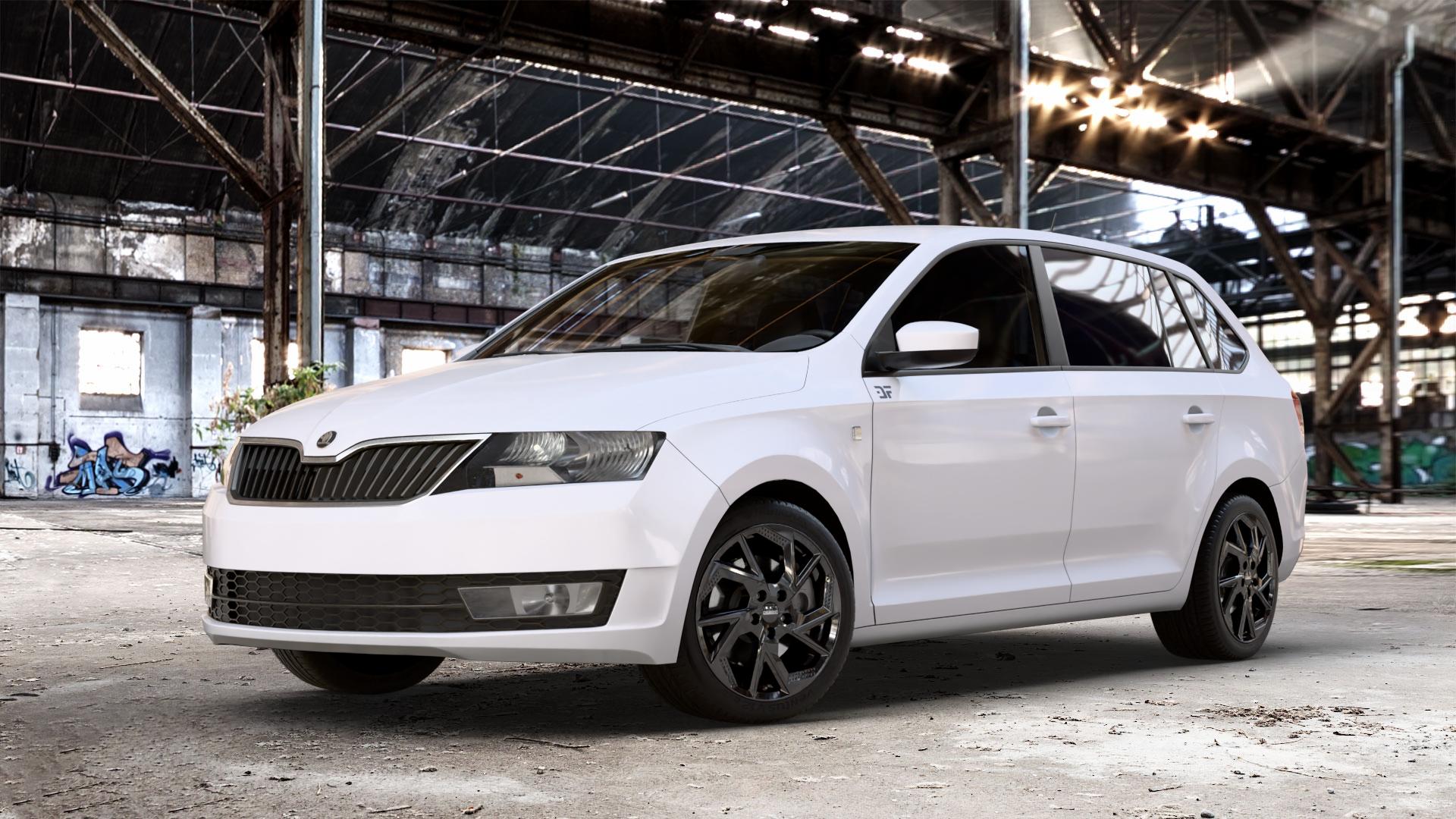 DEZENT AP BLACK Felge mit Reifen schwarz in 16Zoll Winterfelge Alufelge auf weissem Skoda Rapid Spaceback Typ NH ⬇️ mit 15mm Tieferlegung ⬇️ Old Industrial Hall_max_4400mm_2024 Frontansicht_1
