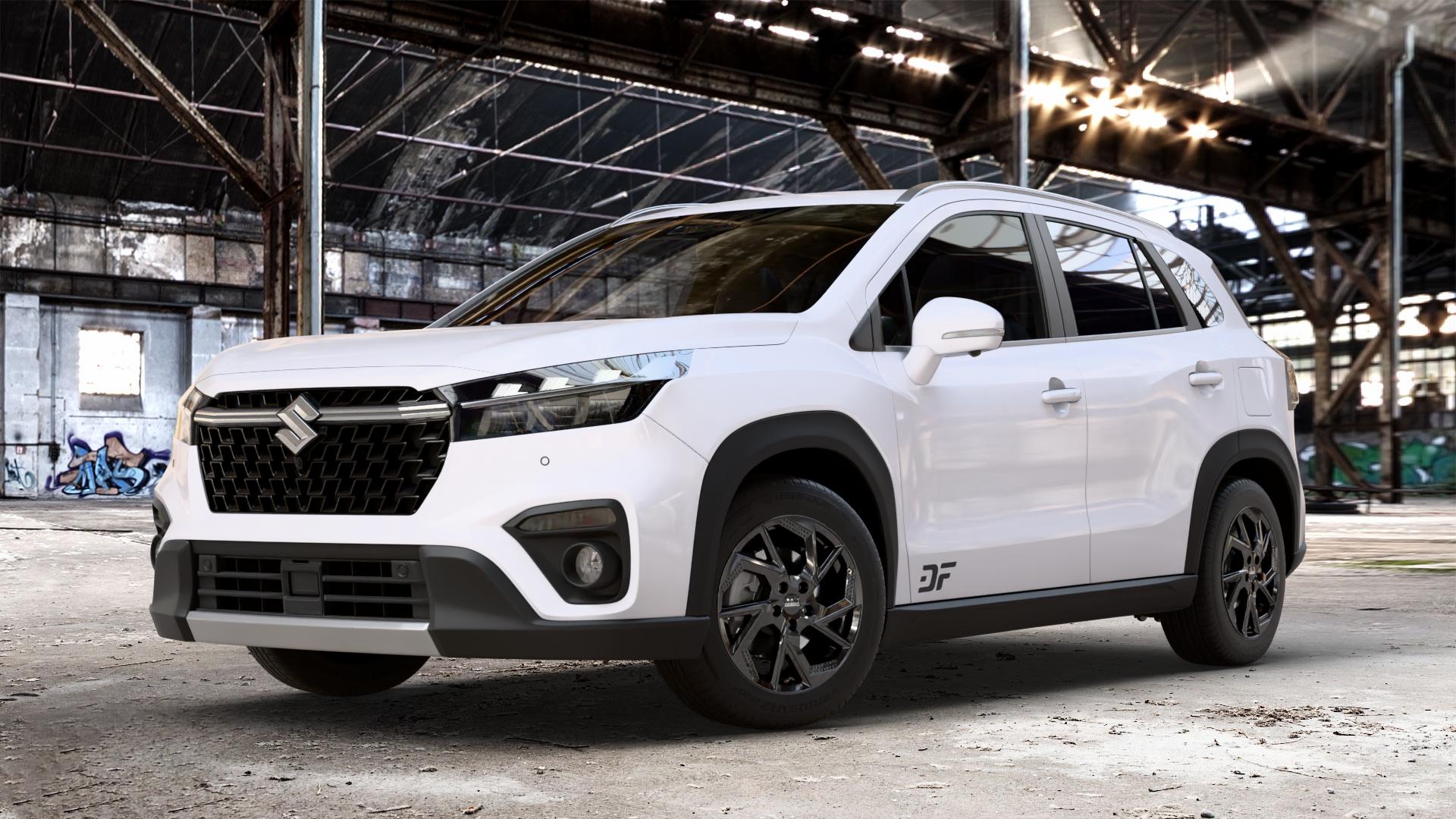 DEZENT AP BLACK Felge mit Reifen schwarz in 16Zoll Winterfelge Alufelge auf weissem Suzuki S-Cross Typ JY 1,4l Boosterjet 95kW Mild-Hybrid (129 PS) 4x4 1,5l Dualjet 75kW (102 ⬇️ mit 15mm Tieferlegung ⬇️ Old Industrial Hall_max_4400mm_2024 Frontansicht_1