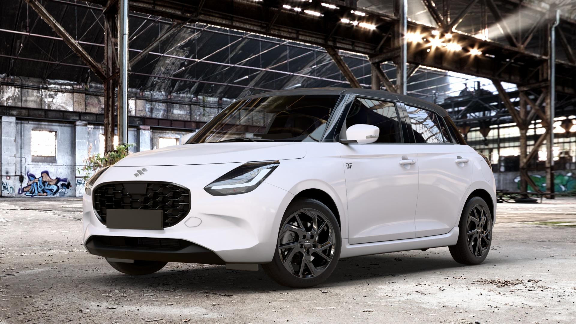 DEZENT AP BLACK Felge mit Reifen schwarz in 16Zoll Winterfelge Alufelge auf weissem Suzuki Swift VII Typ UZ 1,2l 61kW Mild-Hybrid (83 PS) AWD ⬇️ mit 15mm Tieferlegung ⬇️ Old Industrial Hall_max_4400mm_2024 Frontansicht_1