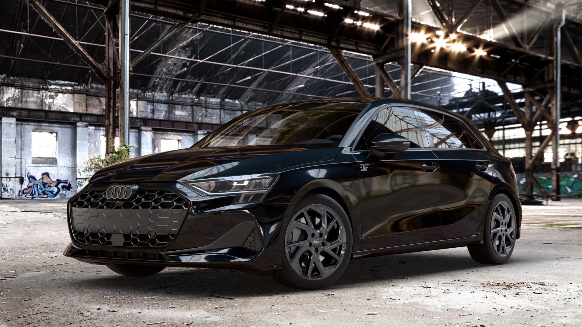 DEZENT AP BLACK Felge mit Reifen schwarz in 17Zoll Winterfelge Alufelge auf metallic schwarzem Audi A3 Typ GY (Sportback) Facelift 2,0l 30 TDI 85kW (116 PS) 1,5l TFSI Mild-Hybrid 35 110kW (150 PHEV 200 130kW Hybrid (177 150 ⬇️ mit 15mm Tieferlegung ⬇️ Old Industrial Hall_max_4400mm_2024 Frontansicht_1
