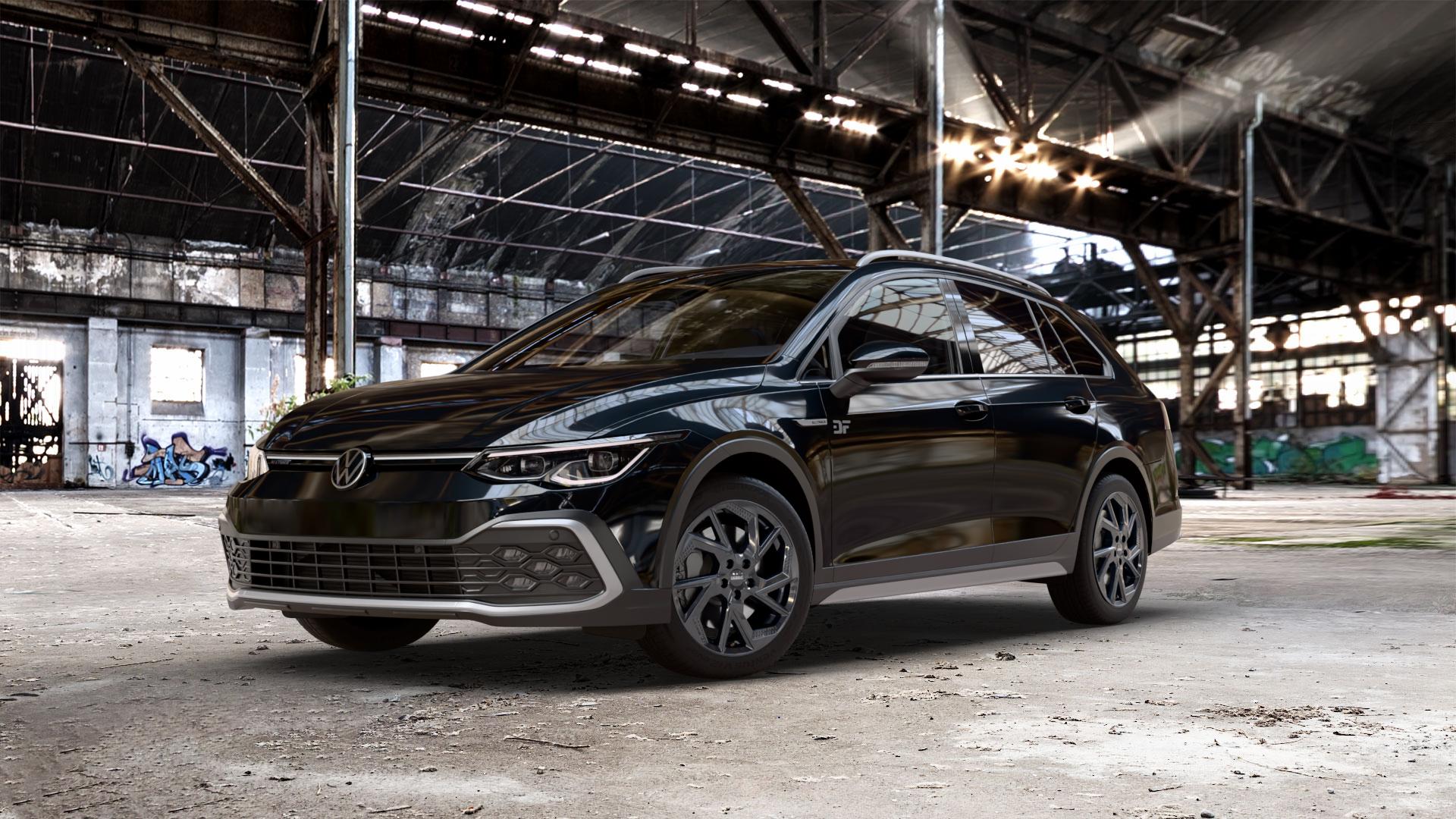 DEZENT AP BLACK Felge mit Reifen schwarz in 17Zoll Winterfelge Alufelge auf metallic schwarzem Volkswagen (VW) Golf 8 Variant Alltrack 2,0l TDI 4Motion 147kW (200 PS) ⬇️ mit 15mm Tieferlegung ⬇️ Old Industrial Hall_max_5300mm_2024 Frontansicht_1