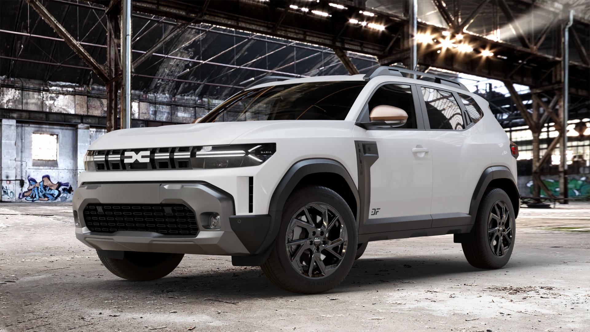 DEZENT AP BLACK Felge mit Reifen schwarz in 17Zoll Winterfelge Alufelge auf weissem Dacia Duster Typ DJF ⬇️ mit 15mm Tieferlegung ⬇️ Old Industrial Hall_max_4400mm_2024 Frontansicht_1