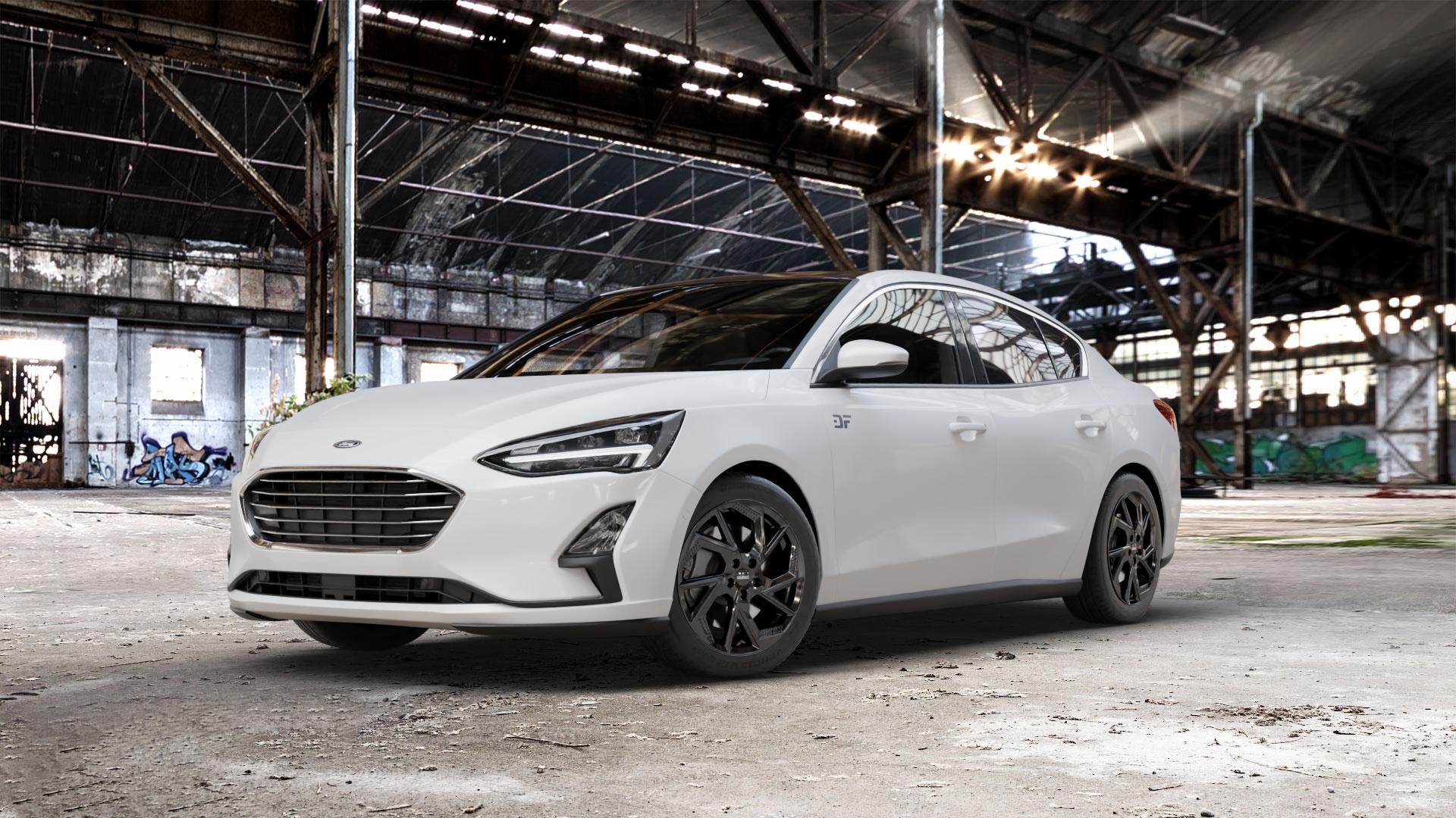 DEZENT AP BLACK Felge mit Reifen schwarz in 17Zoll Winterfelge Alufelge auf weissem Ford Focus IV Typ DEH (Stufenheck) ⬇️ mit 15mm Tieferlegung ⬇️ Old Industrial Hall_max_5300mm_2024 Frontansicht_1
