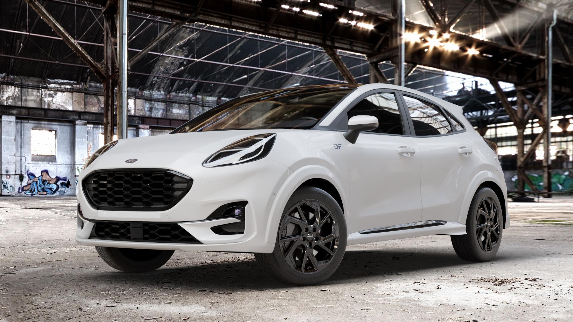 DEZENT AP BLACK Felge mit Reifen schwarz in 17Zoll Winterfelge Alufelge auf weissem Ford Puma II Typ J2K 1,0l EcoBoost 114kW Mild-Hybrid (155 PS) 70kW (95 92kW (125 Facelift ⬇️ mit 15mm Tieferlegung ⬇️ Old Industrial Hall_max_4400mm_2024 Frontansicht_1