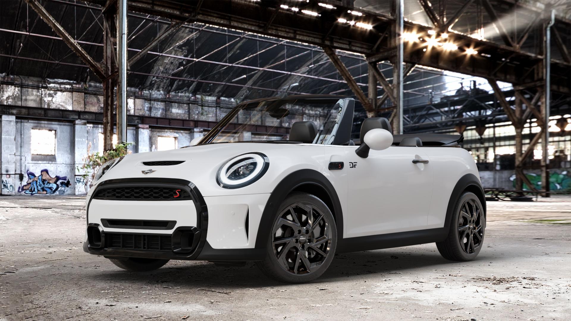 DEZENT AP BLACK Felge mit Reifen schwarz in 17Zoll Winterfelge Alufelge auf weissem Mini F57 Typ FMCA (Cabriolet) Facelift 21-> ⬇️ mit 15mm Tieferlegung ⬇️ Old Industrial Hall_max_4400mm_2024 Frontansicht_1