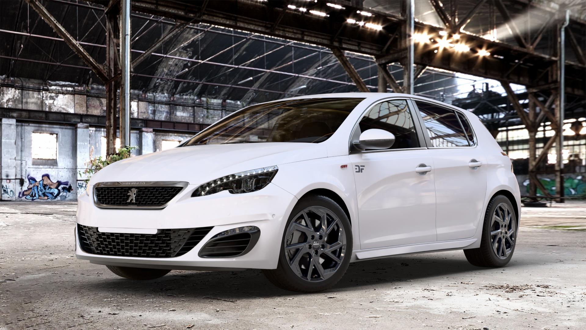 DEZENT AP BLACK Felge mit Reifen schwarz in 17Zoll Winterfelge Alufelge auf weissem Peugeot 308 II Typ L Facelift ⬇️ mit 15mm Tieferlegung ⬇️ Old Industrial Hall_max_4400mm_2024 Frontansicht_1