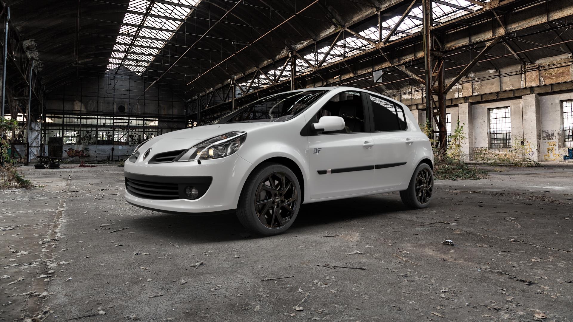 DEZENT AP BLACK Felge mit Reifen schwarz in 17Zoll Winterfelge Alufelge auf weissem Renault Clio III Typ R ⬇️ mit 15mm Tieferlegung ⬇️ Old Industrial Hall_max5000mm_2022 Frontansicht_1