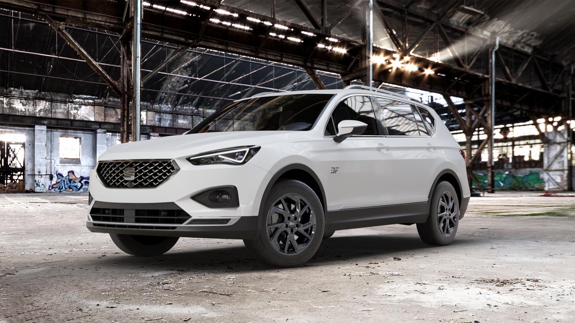 DEZENT AP BLACK Felge mit Reifen schwarz in 17Zoll Winterfelge Alufelge auf weissem Seat Tarraco Typ KN ⬇️ mit 15mm Tieferlegung ⬇️ Old Industrial Hall_max_5300mm_2024 Frontansicht_1