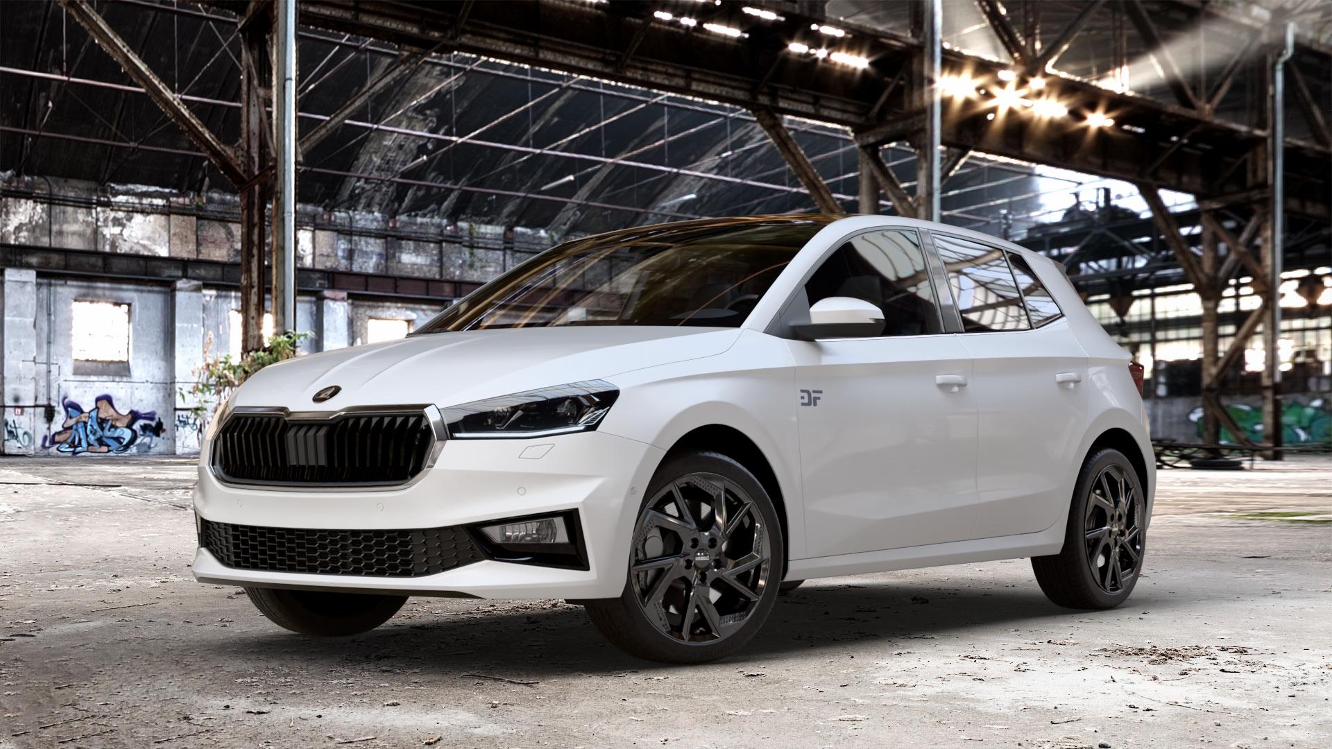 DEZENT AP BLACK Felge mit Reifen schwarz in 17Zoll Winterfelge Alufelge auf weissem Skoda Fabia IV Typ PJ ⬇️ mit 15mm Tieferlegung ⬇️ Old Industrial Hall_max_4400mm_2024 Frontansicht_1