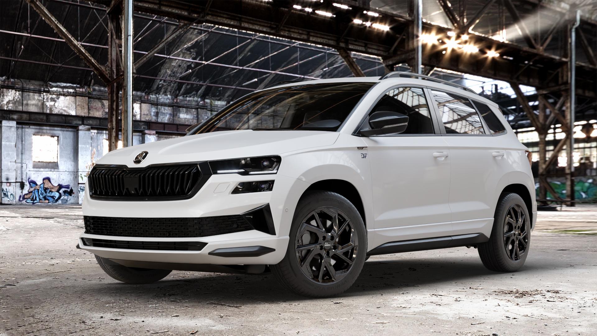 DEZENT AP BLACK Felge mit Reifen schwarz in 17Zoll Winterfelge Alufelge auf weissem Skoda Karoq Typ NU Facelift ⬇️ mit 15mm Tieferlegung ⬇️ Old Industrial Hall_max_4400mm_2024 Frontansicht_1