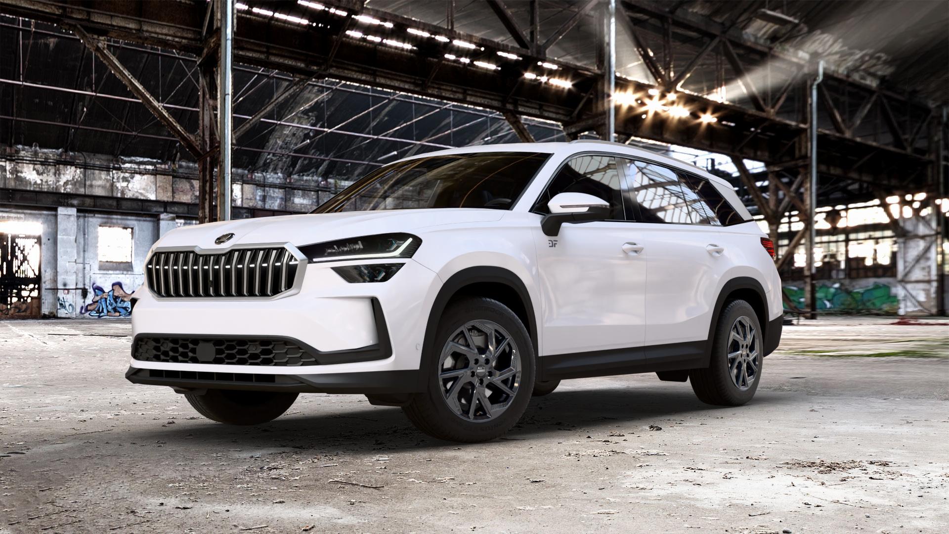 DEZENT AP BLACK Felge mit Reifen schwarz in 17Zoll Winterfelge Alufelge auf weissem Skoda Kodiaq Typ PS 1,5l TSI 110kW Hybrid (150 PS) 2,0l TDI 4x4 142kW (193 Mild-Hybrid 150kW (204 ⬇️ mit 15mm Tieferlegung ⬇️ Old Industrial Hall_max_5300mm_2024 Frontansicht_1