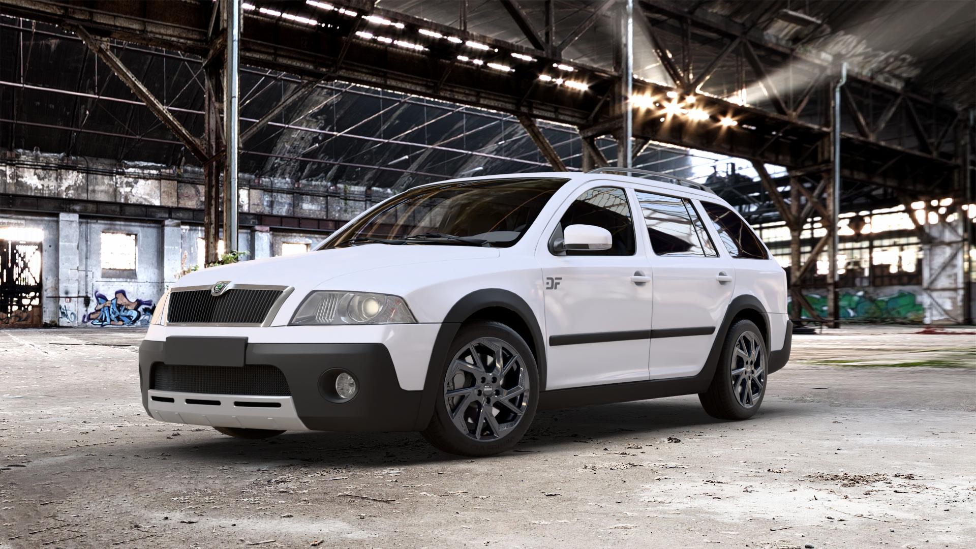 DEZENT AP BLACK Felge mit Reifen schwarz in 17Zoll Winterfelge Alufelge auf weissem Skoda Octavia II Scout Typ 1Z ⬇️ mit 15mm Tieferlegung ⬇️ Old Industrial Hall_max_5300mm_2024 Frontansicht_1