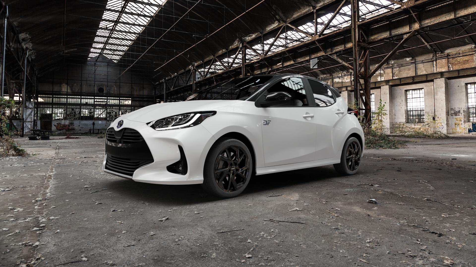 DEZENT AP BLACK Felge mit Reifen schwarz in 17Zoll Winterfelge Alufelge auf weissem Toyota Yaris IV Typ XPA1F(EU,M) XPA1F(EUM)-TGRE ⬇️ mit 15mm Tieferlegung ⬇️ Old Industrial Hall_max5000mm_2022 Frontansicht_1