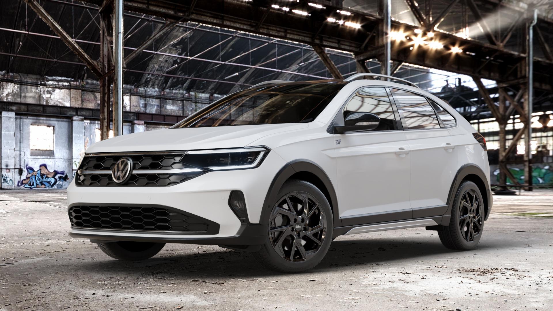 DEZENT AP BLACK Felge mit Reifen schwarz in 17Zoll Winterfelge Alufelge auf weissem Volkswagen (VW) Taigo ⬇️ mit 15mm Tieferlegung ⬇️ Old Industrial Hall_max_4400mm_2024 Frontansicht_1