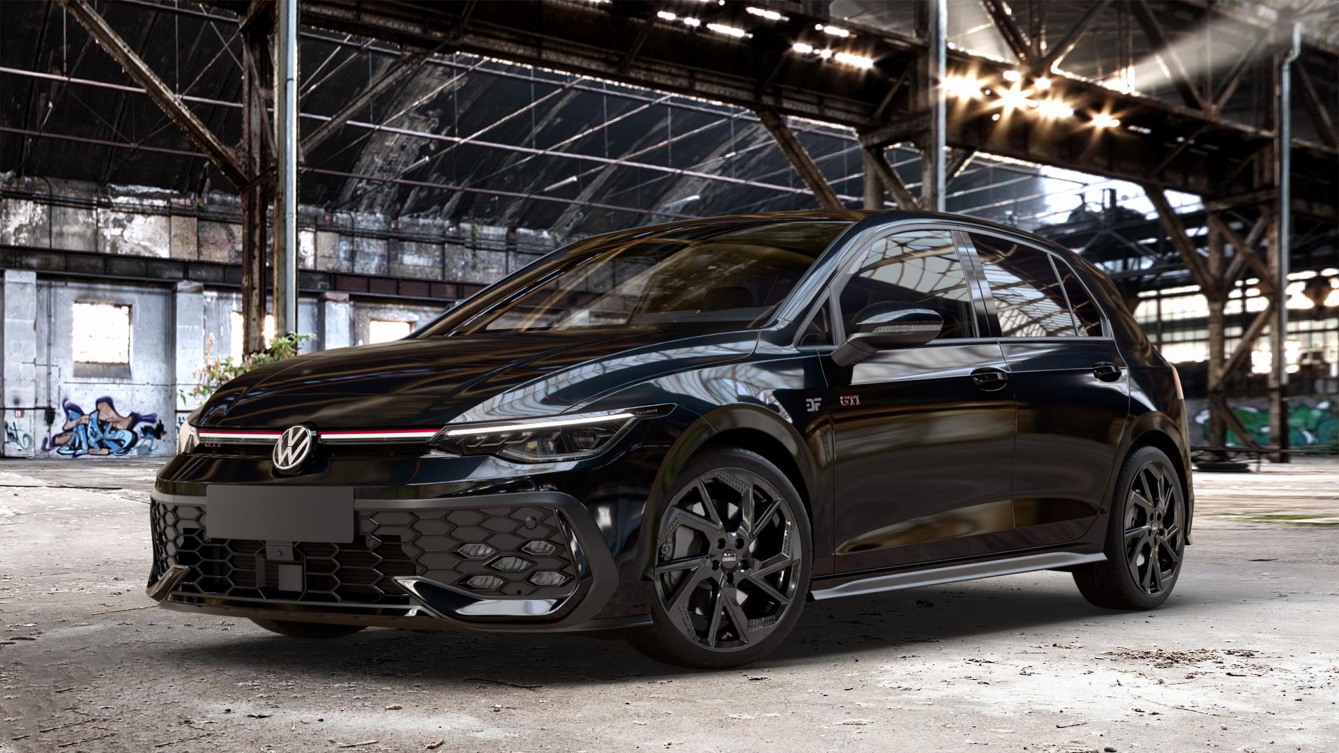 DEZENT AP Black Felge mit Reifen schwarz in 18Zoll Winterfelge Alufelge auf metallic schwarzem Volkswagen (VW) Golf 8 Facelift 2,0l GTI 195kW (265 PS) ⬇️ mit 15mm Tieferlegung ⬇️ Old Industrial Hall_max_4400mm_2024 Frontansicht_1