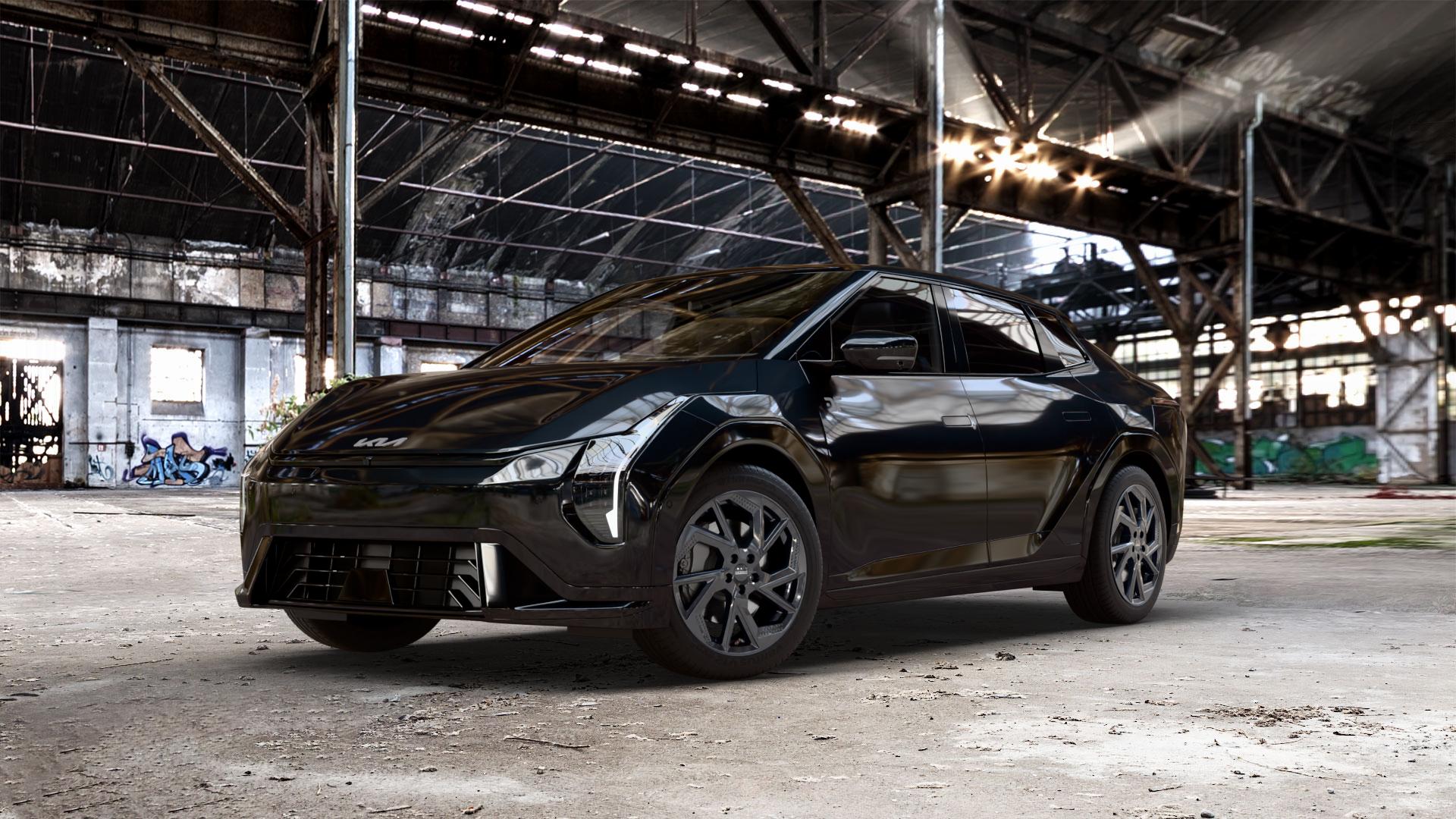 DEZENT AP BLACK Felge mit Reifen schwarz in 18Zoll Winterfelge Alufelge auf schwarzem Kia EV4 Fastback Typ CT1 0,0l 50kW (68 PS) ⬇️ mit 15mm Tieferlegung ⬇️ Old Industrial Hall_max_5300mm_2024 Frontansicht_1