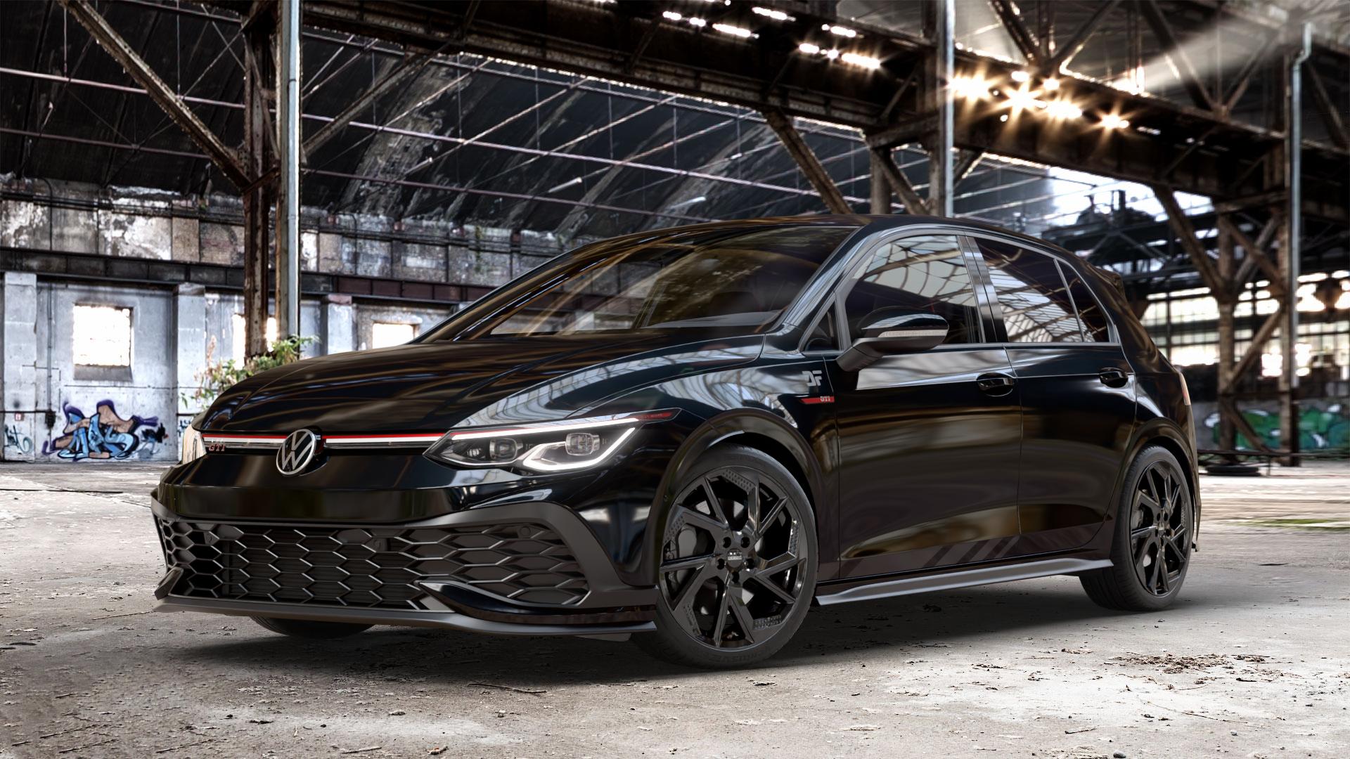 DEZENT AP BLACK Felge mit Reifen schwarz in 18Zoll Winterfelge Alufelge auf schwarzem metallic Volkswagen (VW) Golf 8 2,0l GTI Clubsport 221kW (300 PS) ⬇️ mit 15mm Tieferlegung ⬇️ Old Industrial Hall_max_4400mm_2024 Frontansicht_1